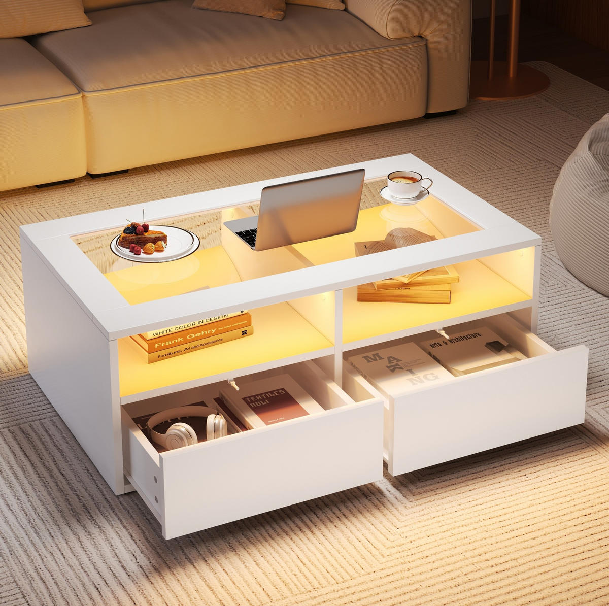 COUCHTISCH 100/50/35 cm Weiß aus Glas und Holzwerkstoff mit LED-Beleuchtung und 2 Schubladen - Weiß, Glas (100/50/35cm) - OKWISH