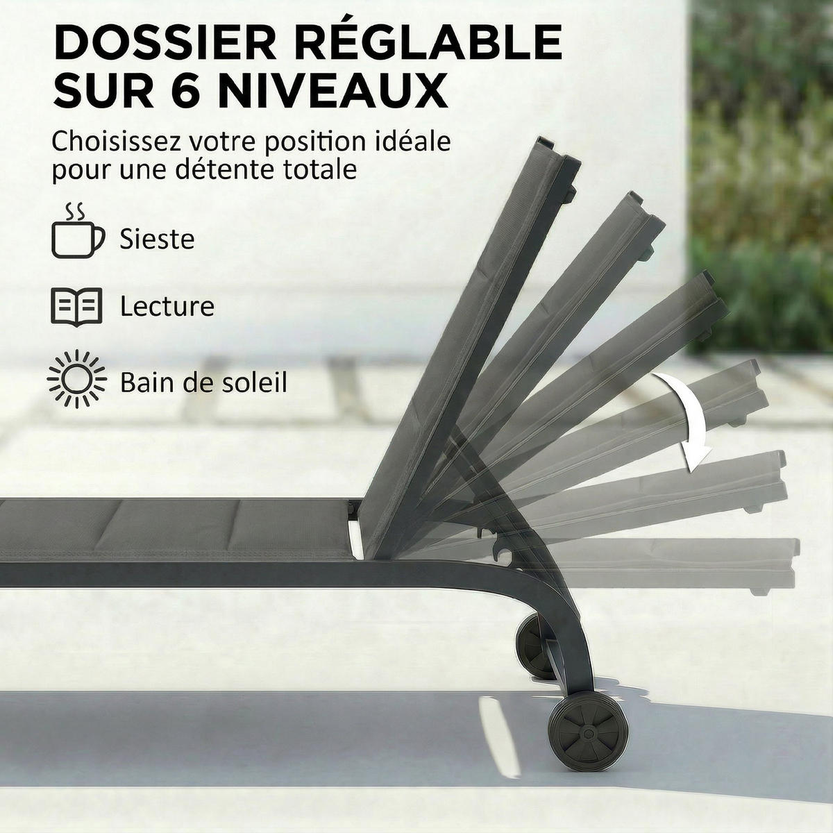 SONNENLIEGE DE-15707 6 Positionen mit Rollen Dunkelgrau - Dunkelgrau, Metall (165/94/62cm) - ComfortXL