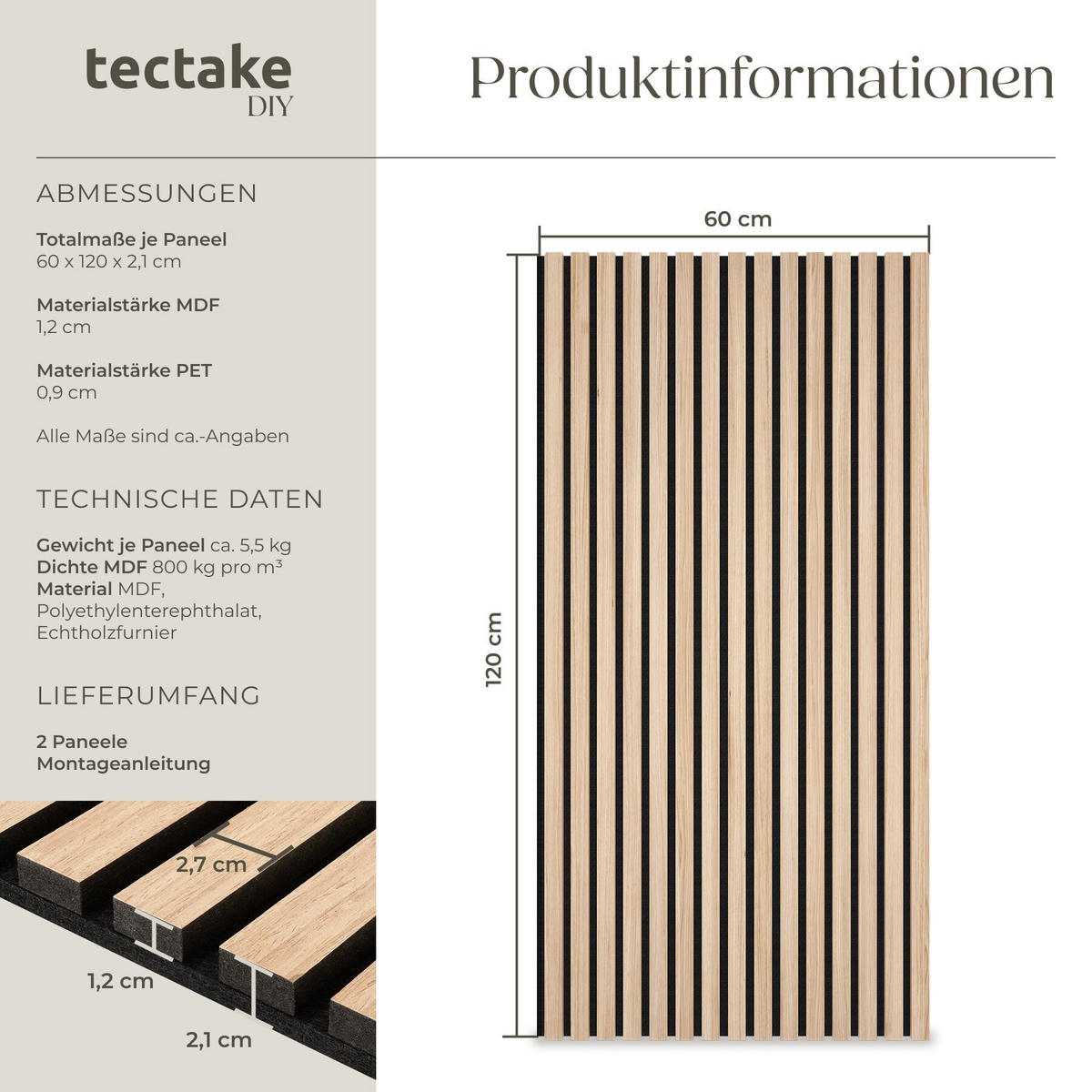 AKUSTIKPANEELE Sonic Wall, je 60 x 120 x 2,1 cm, Größe flexibel anpassbar, Eiche hell - Eichefarben, Holz (60/2.1/120cm) - tectake