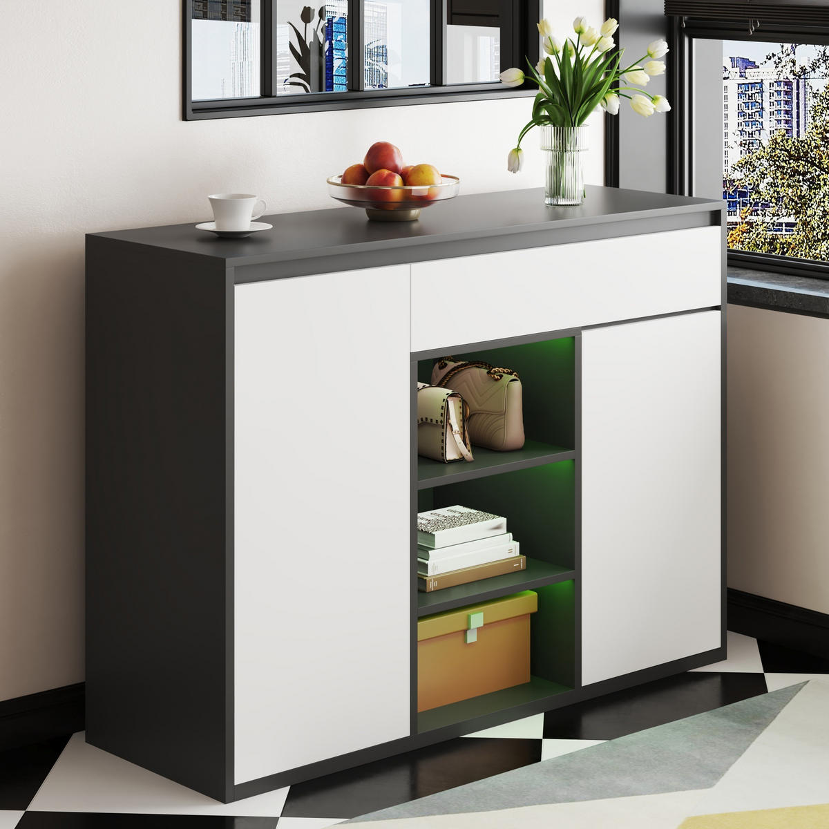 SCHUHSCHRANK 2 Türen LED 12-17 Paar - Schwarz, Holzwerkstoff (105/86/39.5cm) - LEBENLANG