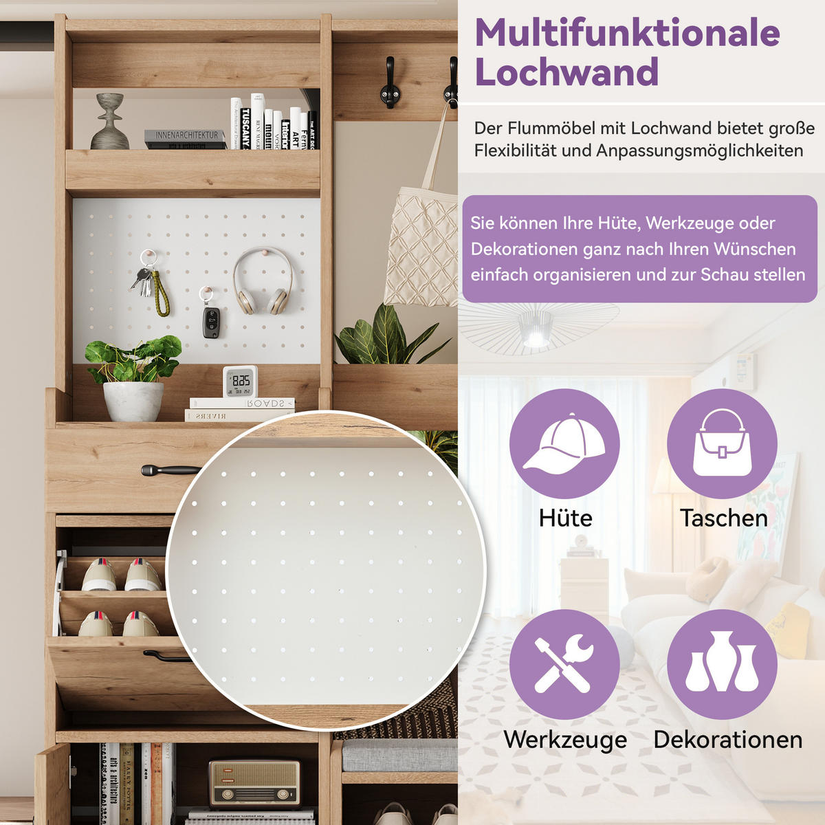 GARDEROBENSET Wand mit Schuhbank 4 Haken Natural 108.5x35x180cm - Multicolor, Holzwerkstoff (35/180/108.5cm) - FLIEKS