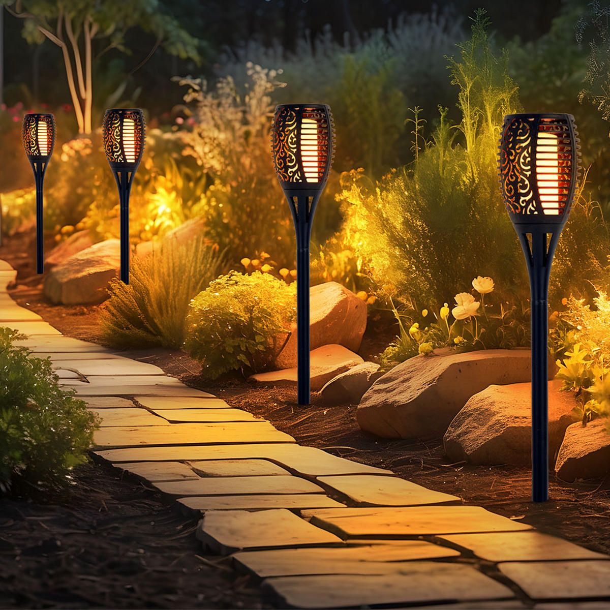 LED AUSSENLEUCHTE Solar Fackel Schwarz 2er Set - Schwarz, Kunststoff (12/12/78cm)