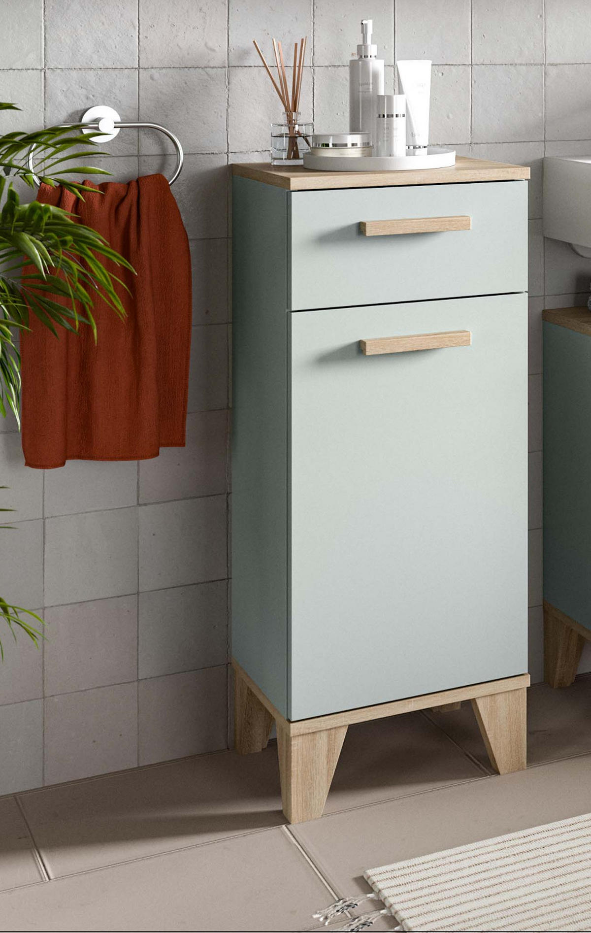 BADSCHRANK grün, Eiche 34 x 87 cm, Badezimmer Kommode skandinavisches Design - Eichefarben/Grün, Holzwerkstoff (34/87/31cm) - Inn.Furn
