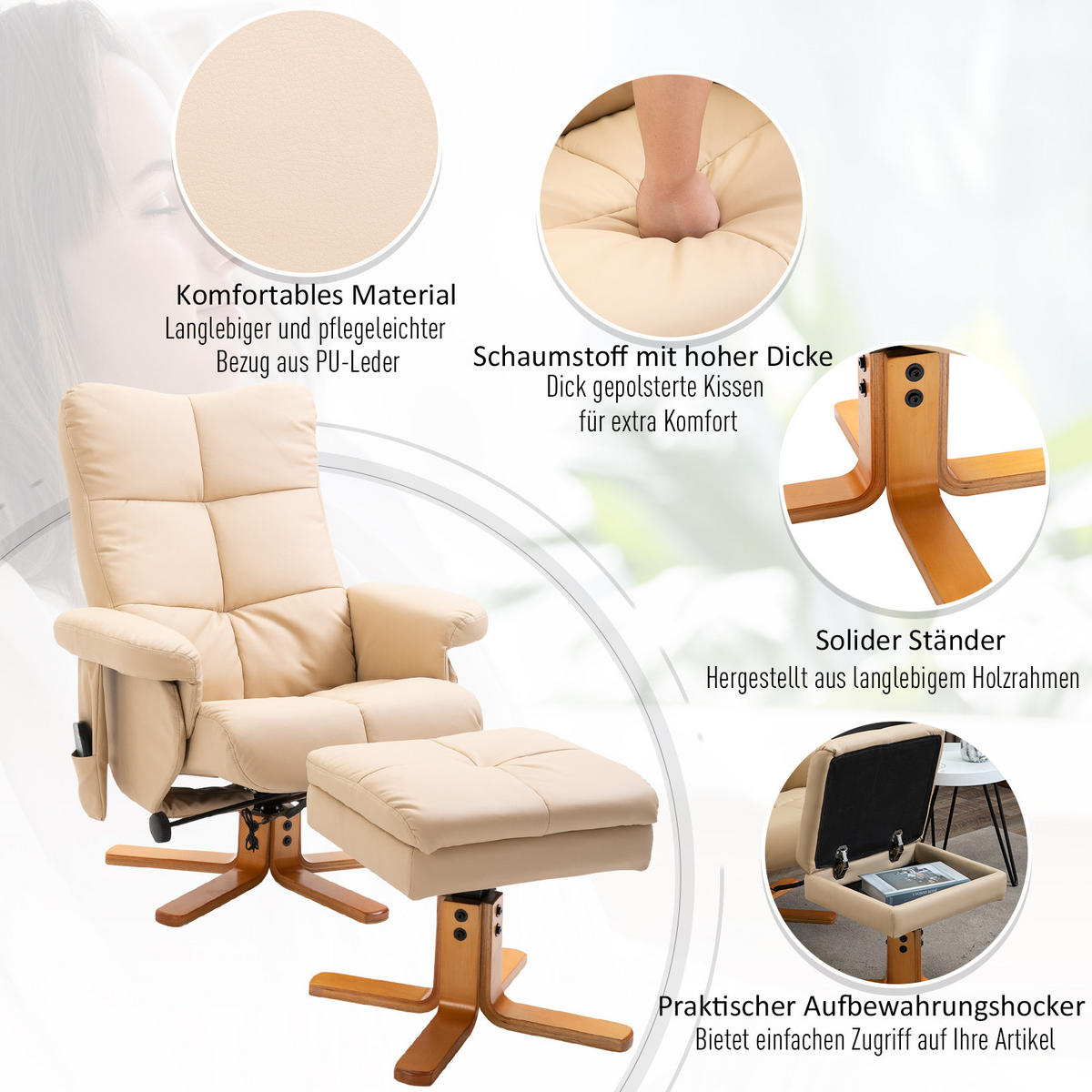 RELAXSESSEL mit Liegefunktion Massagesessel mit Fußhocker Polyester Cremeweiß - Creme, Leder/Holz (86/99/80cm) - HOMCOM