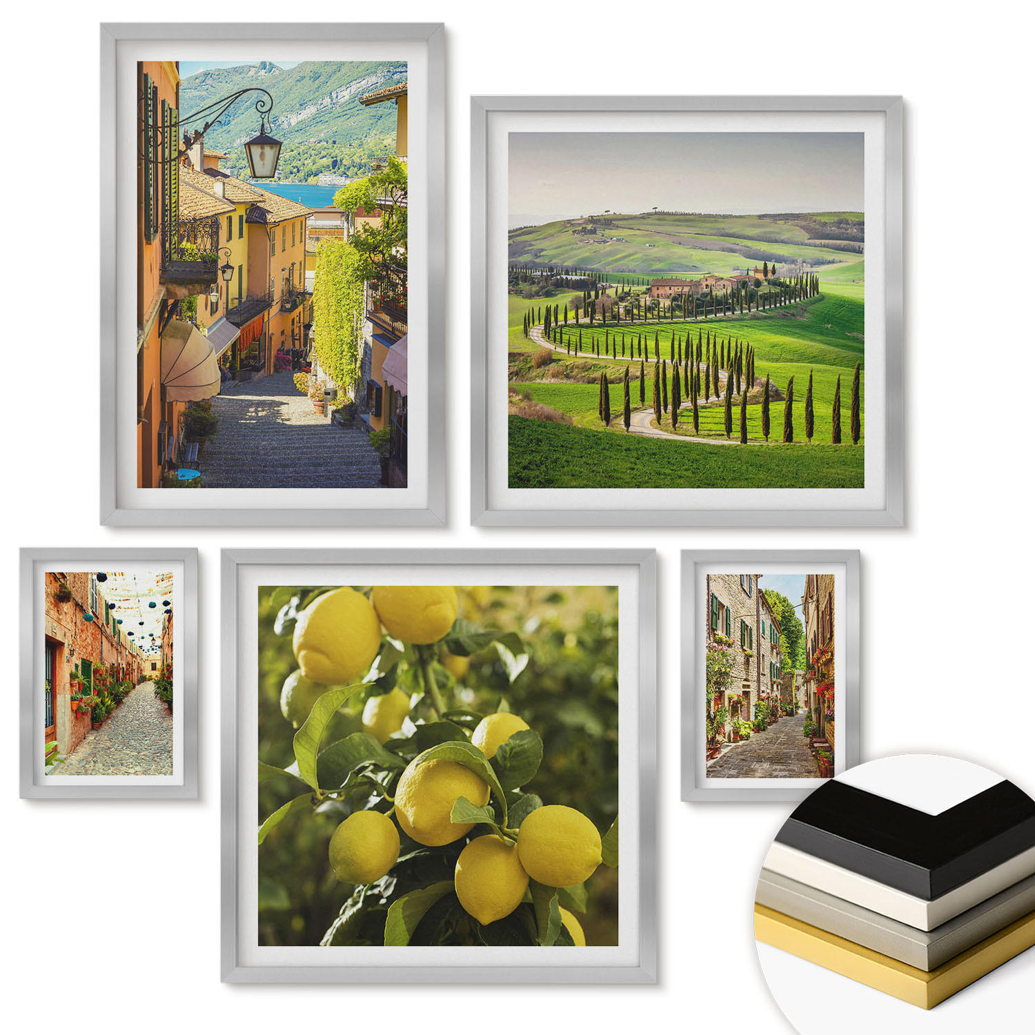 WANDBILDER 5er Set - 50x50 cm & 20x30 cm & 40x60 cm Silberner Rahmen - Zitat über New Yorker Landschaften - Silberfarben, Kunststoff (40/60cm) - ArtPrintCave