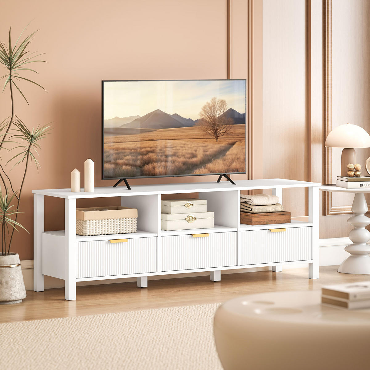 TV-LOWBOARD Weiß 152/39,5/50 cm, 3 Schubladen, 3 offene Fächer - Weiß, Holzwerkstoff (152/50/39.5cm) - PANGIVO