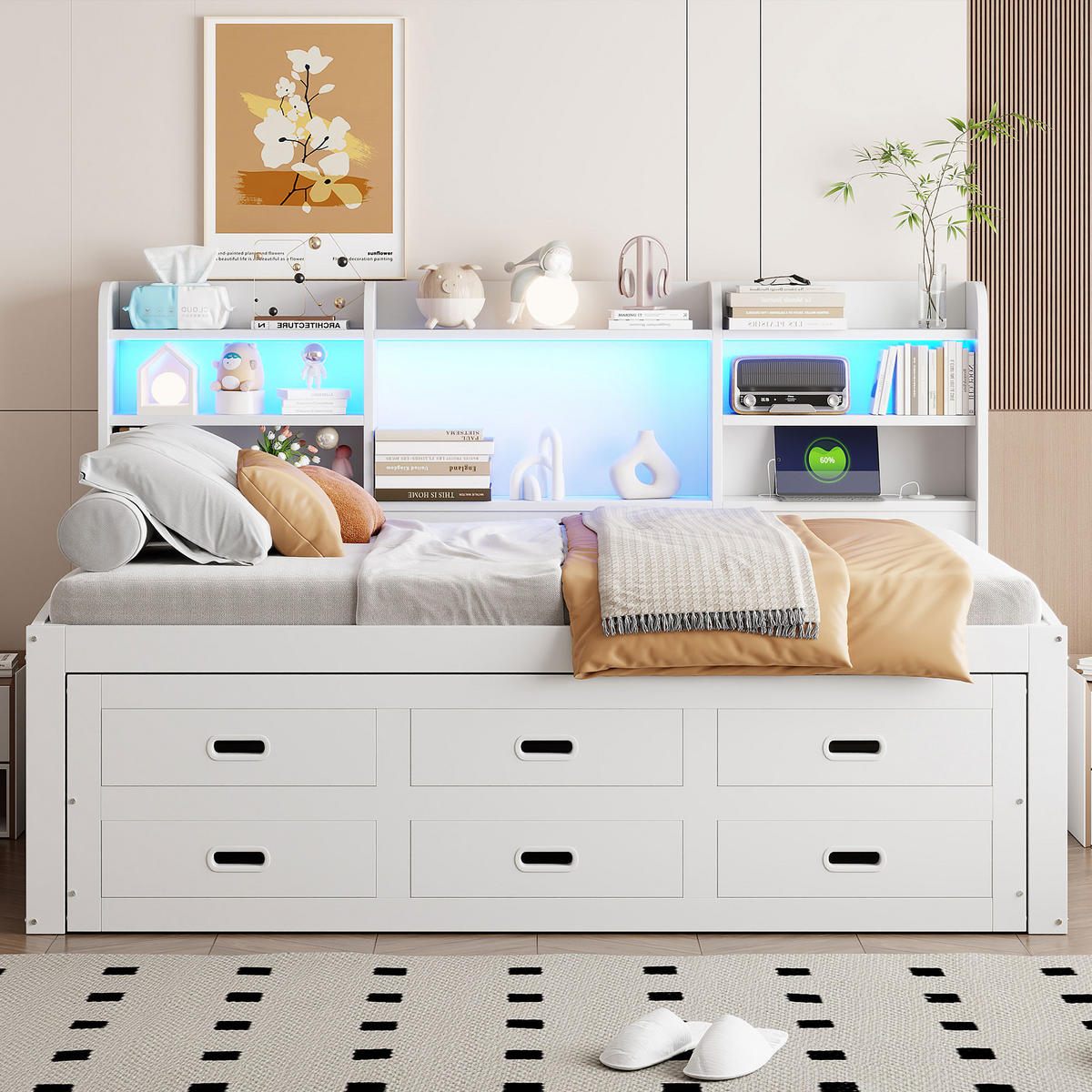 TAGESBETT 90x200cm Weiß LED Schubladen USB-C Nachttisch Klappbar Ausziehbar - Weiß, Holz (90/200cm) - FLIEKS