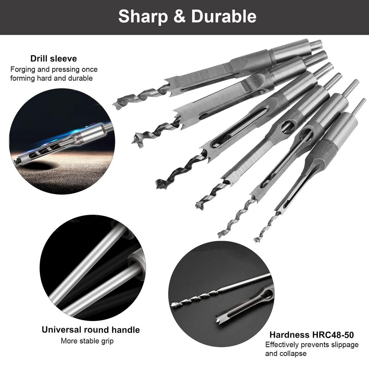 BOHRER – Vierkantloch, geeignet für Holzbearbeitung, 6,4/8/9,5/12,5/14/16 mm - Silberfarben, Metall (26.5/17.2/2.4cm) - DCA
