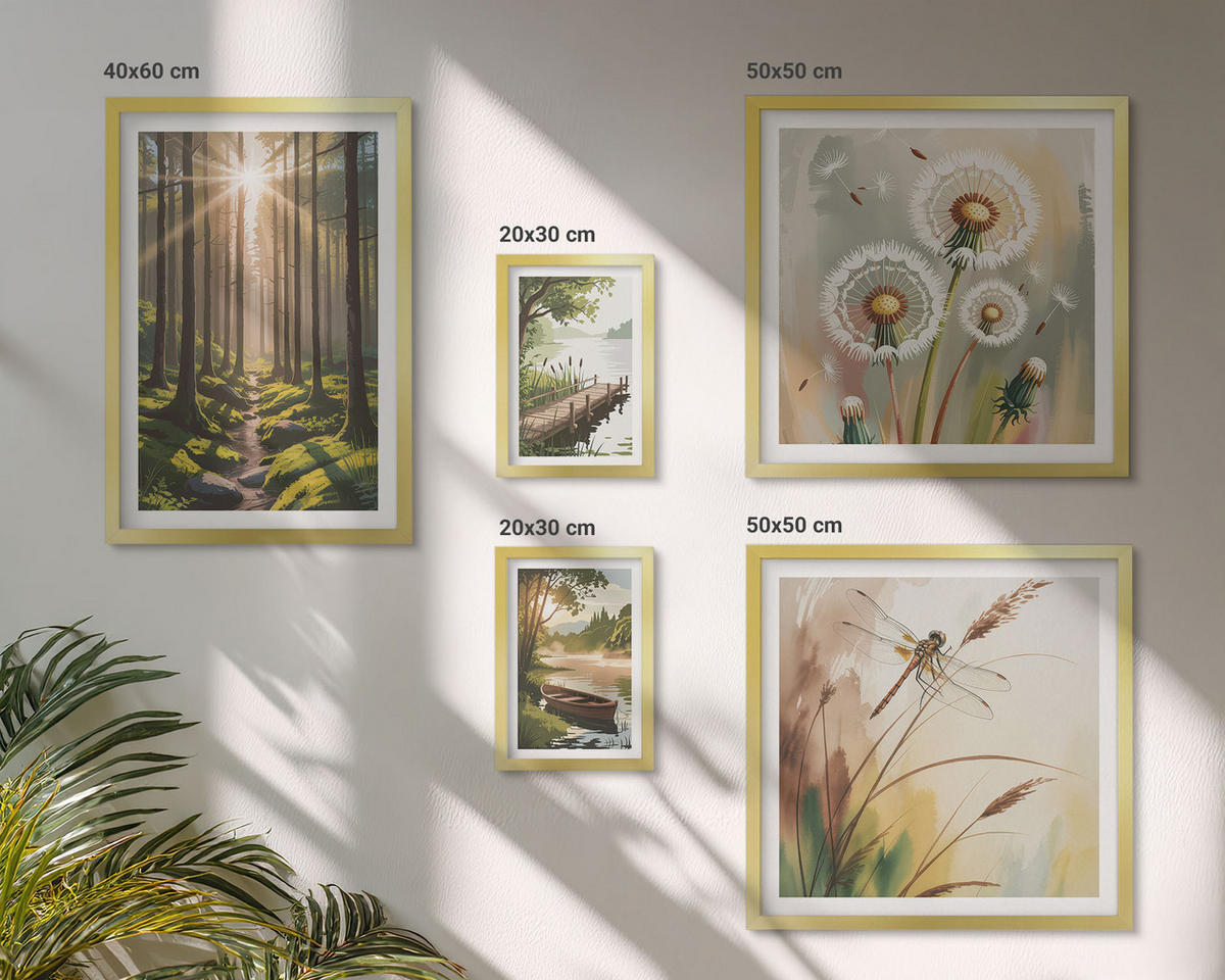 BILDER SET 5er Set - 50x50 cm & 20x30 cm & 40x60 cm Goldrahmen - See, Wald, Boot, Morgennebel - Goldfarben, Kunststoff (40/60cm) - TULUP