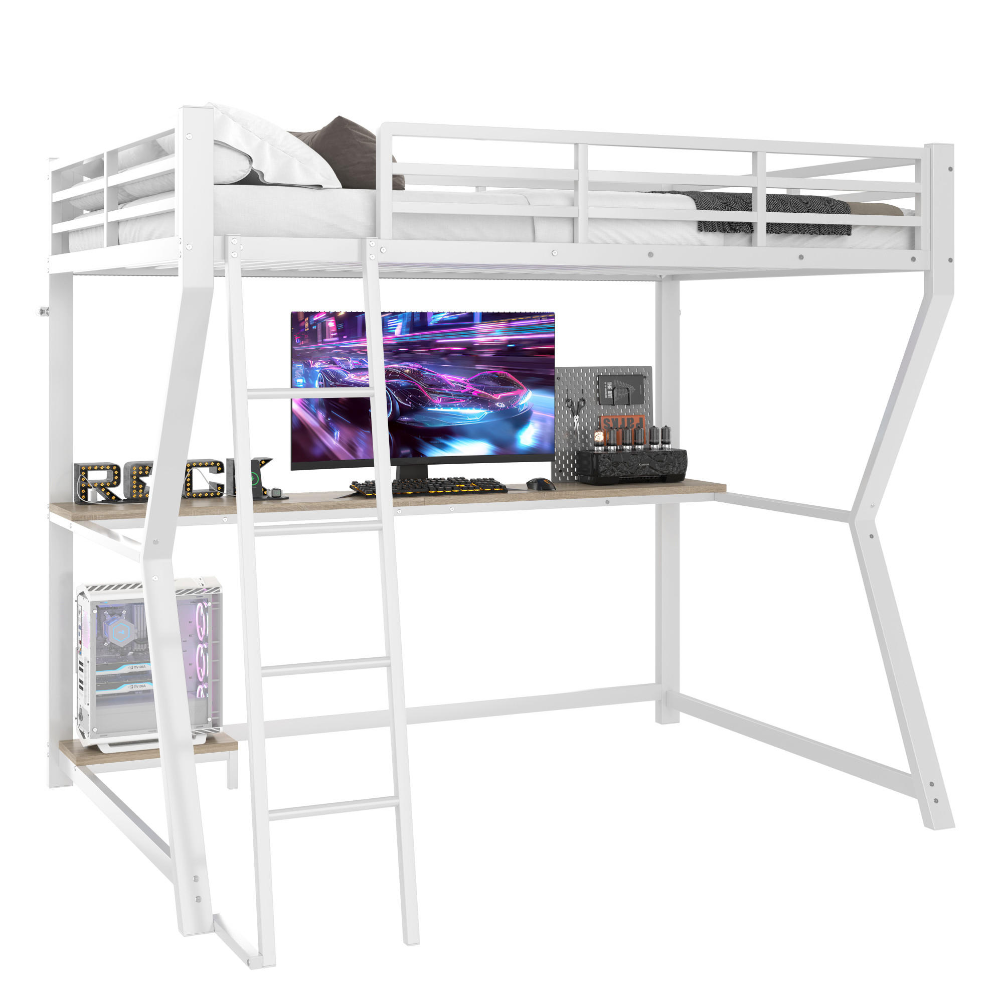 HOCHBETT 90/200 cm in Weiß mit LED-Beleuchtung, Schreibtisch und USB - Weiß, Metall (90/200cm) - Flora Grace