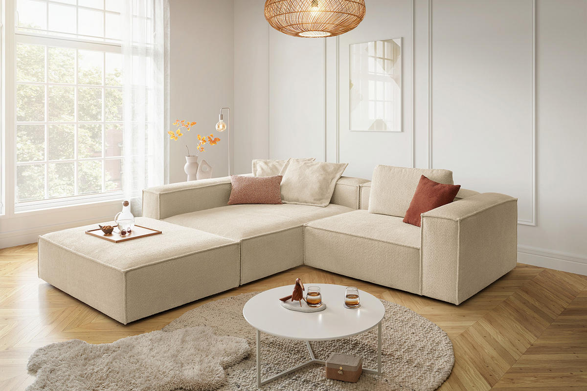 ECKSOFA CARMO Beige Flachgewebe - Beige/Schwarz, Kunststoff/Textil (306/191cm) - KAWOLA