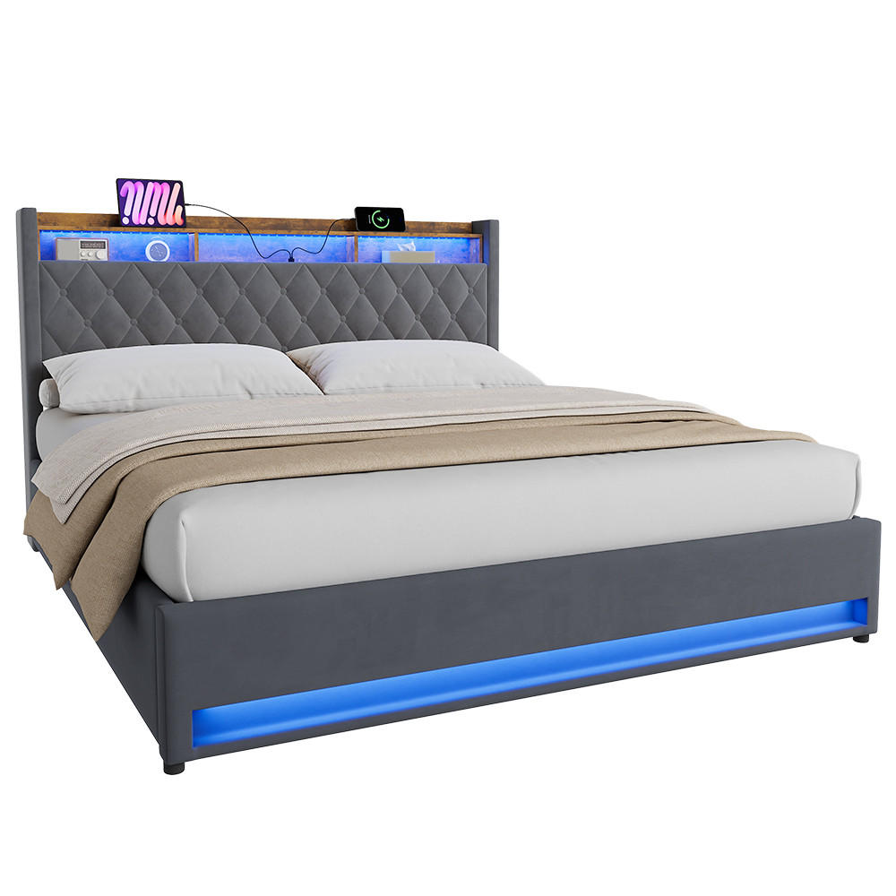 POLSTERBETT 180/200 cm mit Bettkasten und Steckdose Boxspringbett mit USB und LED-Licht Stauraumbett ohne Matratze - Grau, Holzwerkstoff/Textil (180/200cm) - STILVORA
