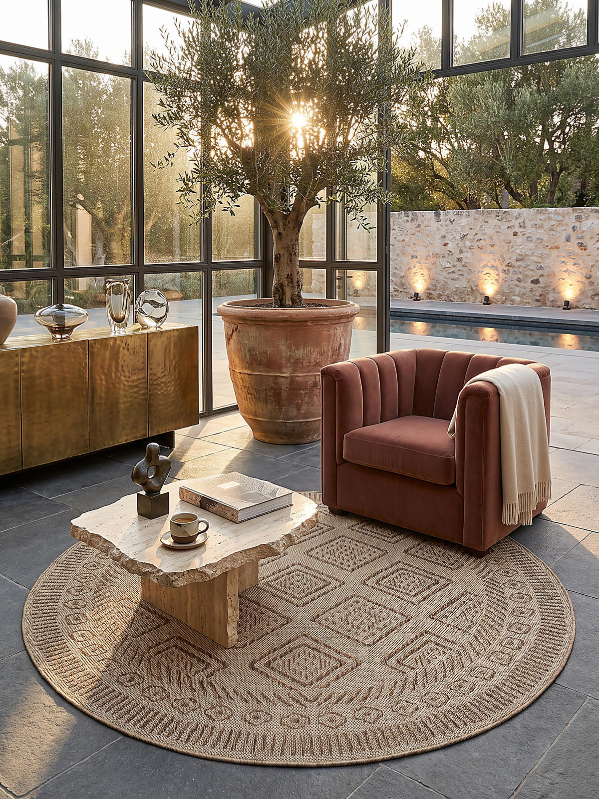 TEPPICH Flachgewebe, Outdoor, Fußbodenheizung-geeignet, mit Rautenmuster, VIGOLENO in Beige-Braun, Ø 200 cm - Beige, Textil (200/200cm) - KADIMA DESIGN