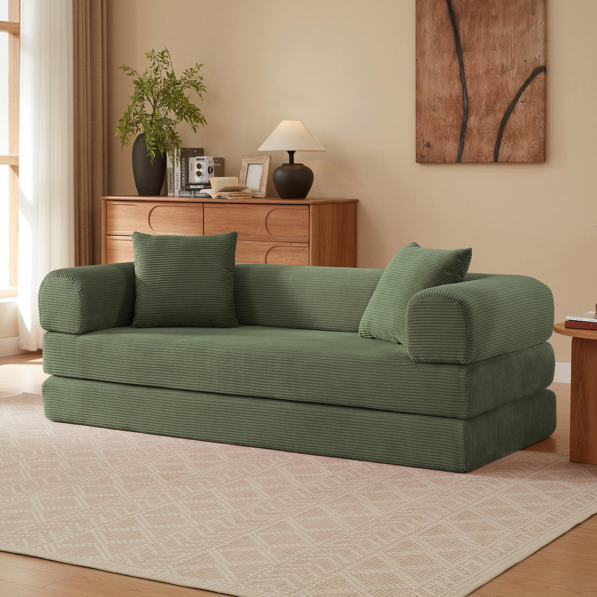 SCHLAFSOFA aus Cord in Grün 2-in-1 Funktion & zum Gästebett klappbar - Grün, Textil (89/59/195cm) - Urban Meuble