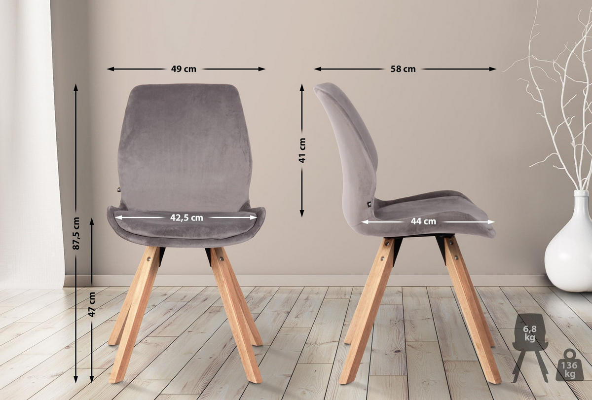 STUHL 4er Set Samt grau - Eukalyptusholzfarben/Grau, Holz/Textil (49/87.5/58cm) - CLP