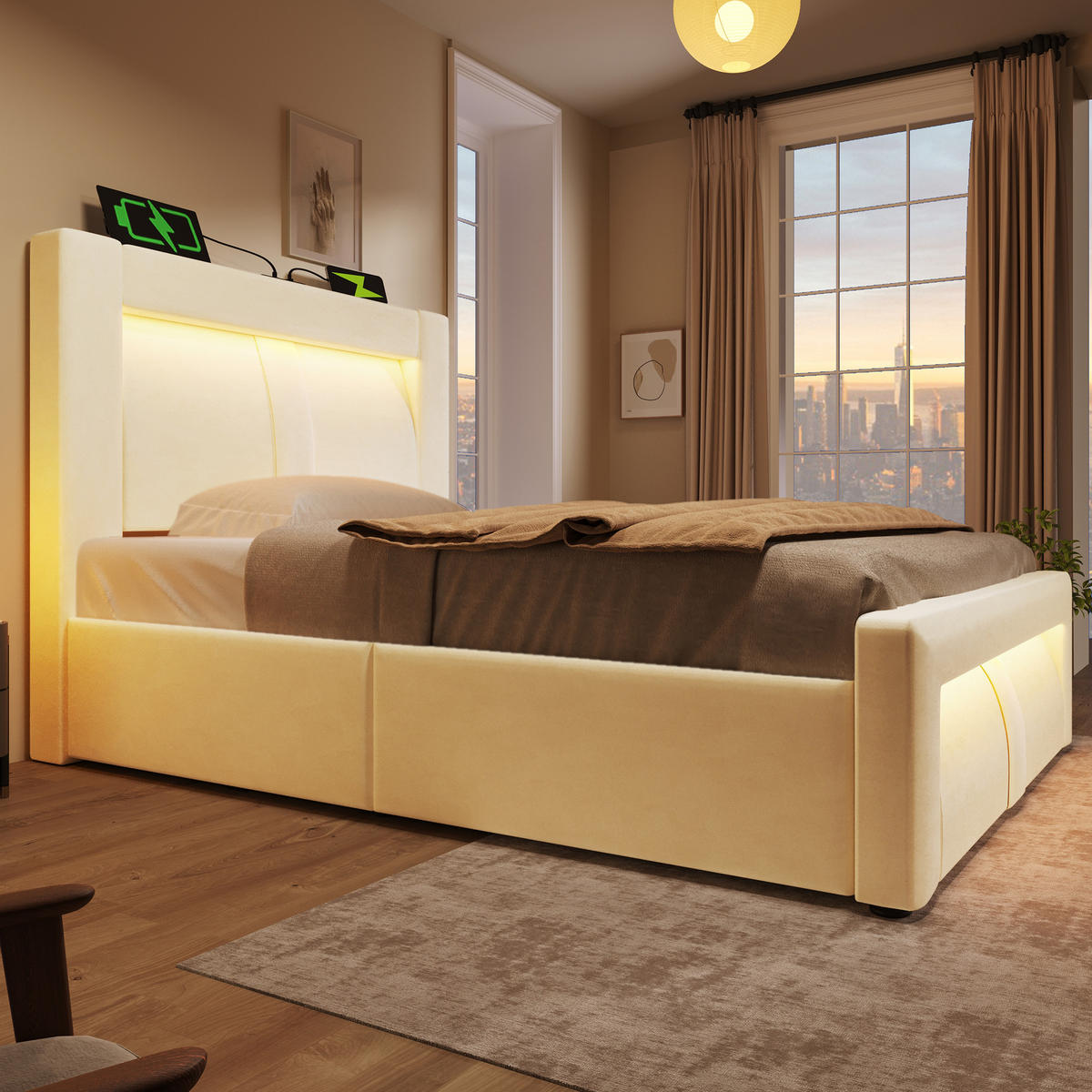POLSTERBETT 90/200 cm Beige mit Stauraum, LED-Beleuchtung, USB und Type-C-Ladeanschlüsse - Beige, Textil (90/200cm) - Oxeza