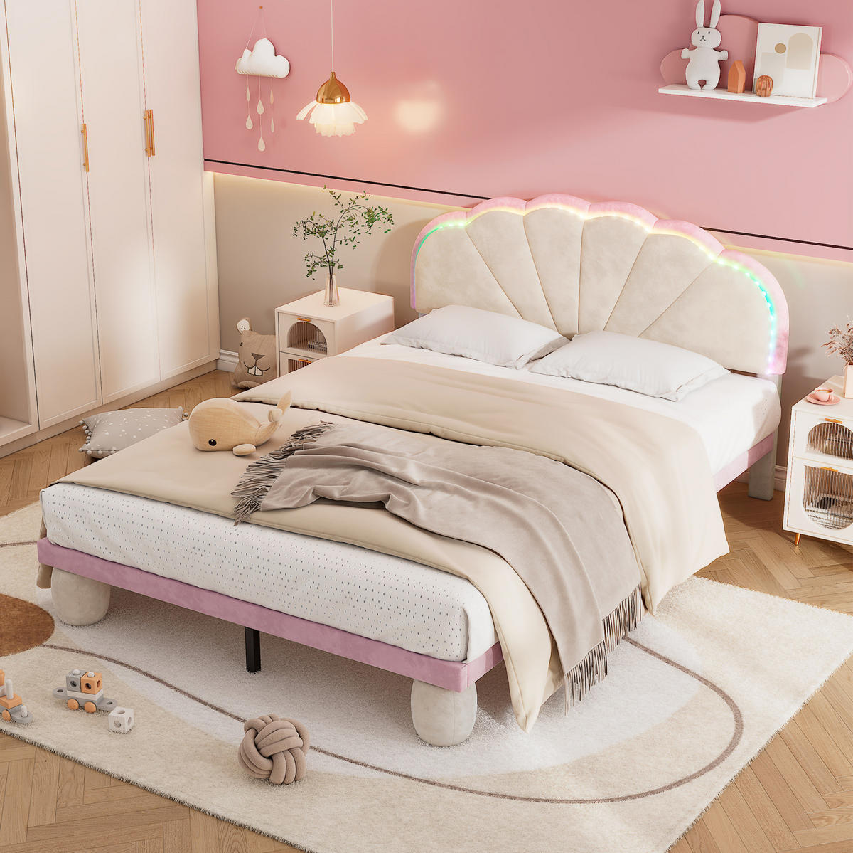 SAMT-POLSTERBETT 140/200 cm mit LED-Beleuchtung und gepolstertem Kopfteil - Beige, Textil (140/200cm) - BEAOK
