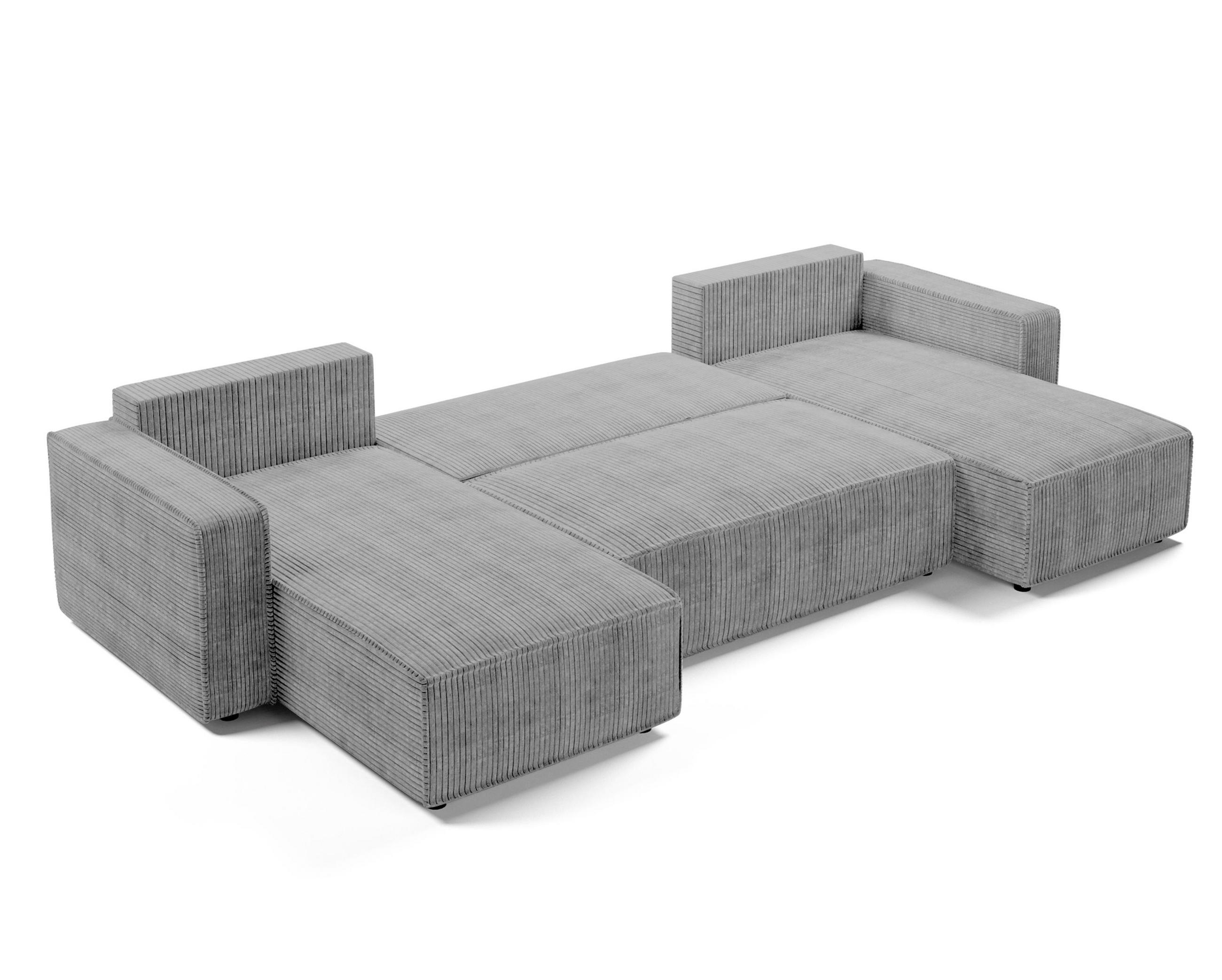 WOHNLANDSCHAFT Aydin U Form Hellgrau 338/169/85 cm Cord mit Schlaffunktion - Hellgrau/Schwarz, Kunststoff/Textil (338/85/169cm) - AX Living