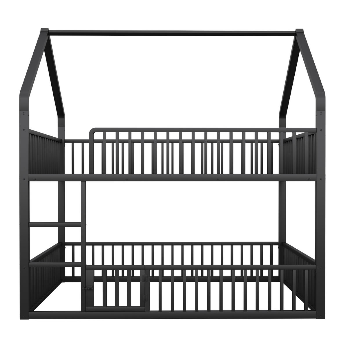 ETAGENBETT 140/200 cm aus Metall mit Hausrahmen, Sicherheitsgeländer und Leiter, Schwarz - Schwarz, Metall (140/200cm) - Redom