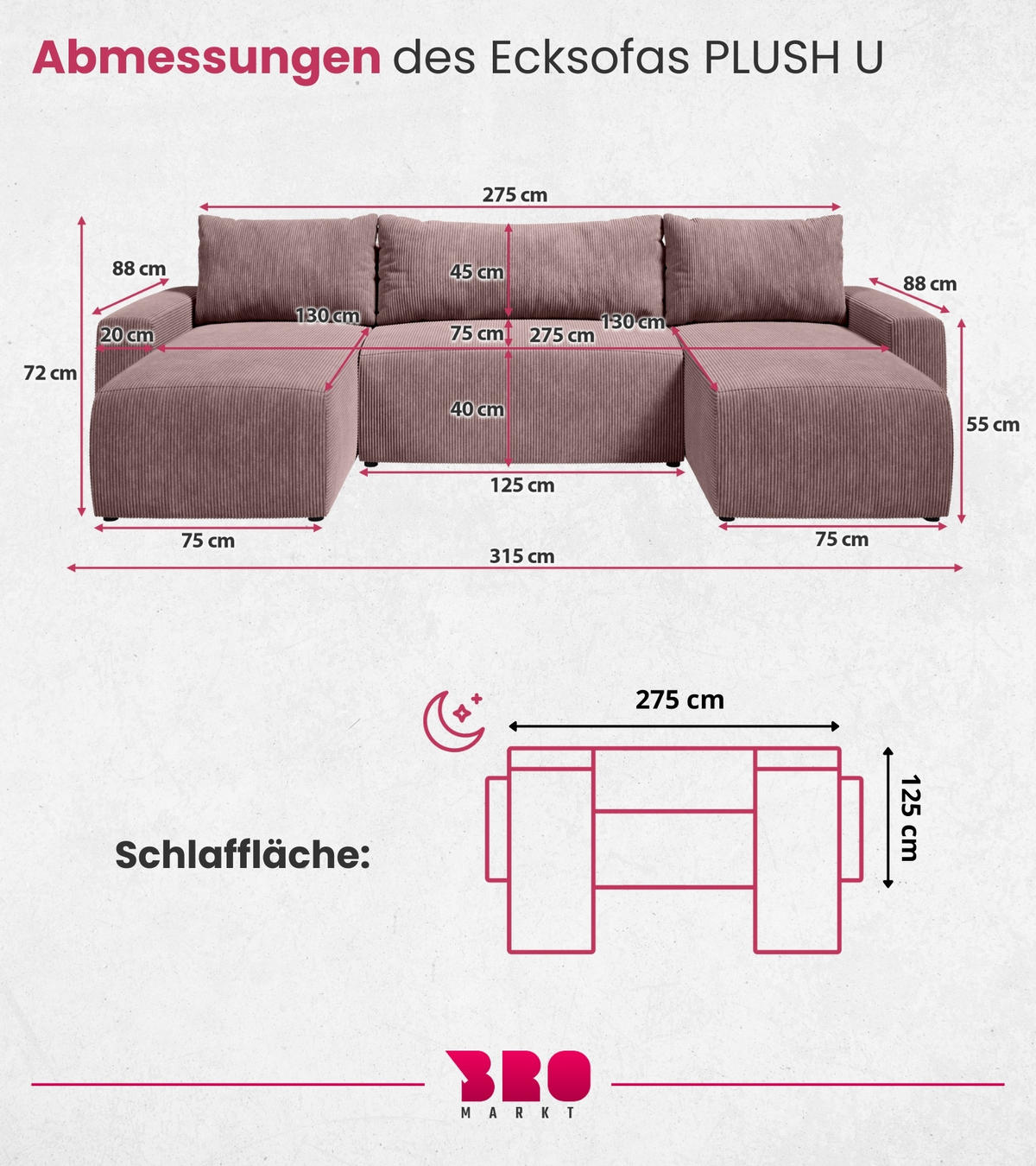 WOHNLANDSCHAFT Plush mit Schlaffunktion Rosa Cord - Rosa, Kunststoff/Textil (315/72/145cm) - Bromarkt