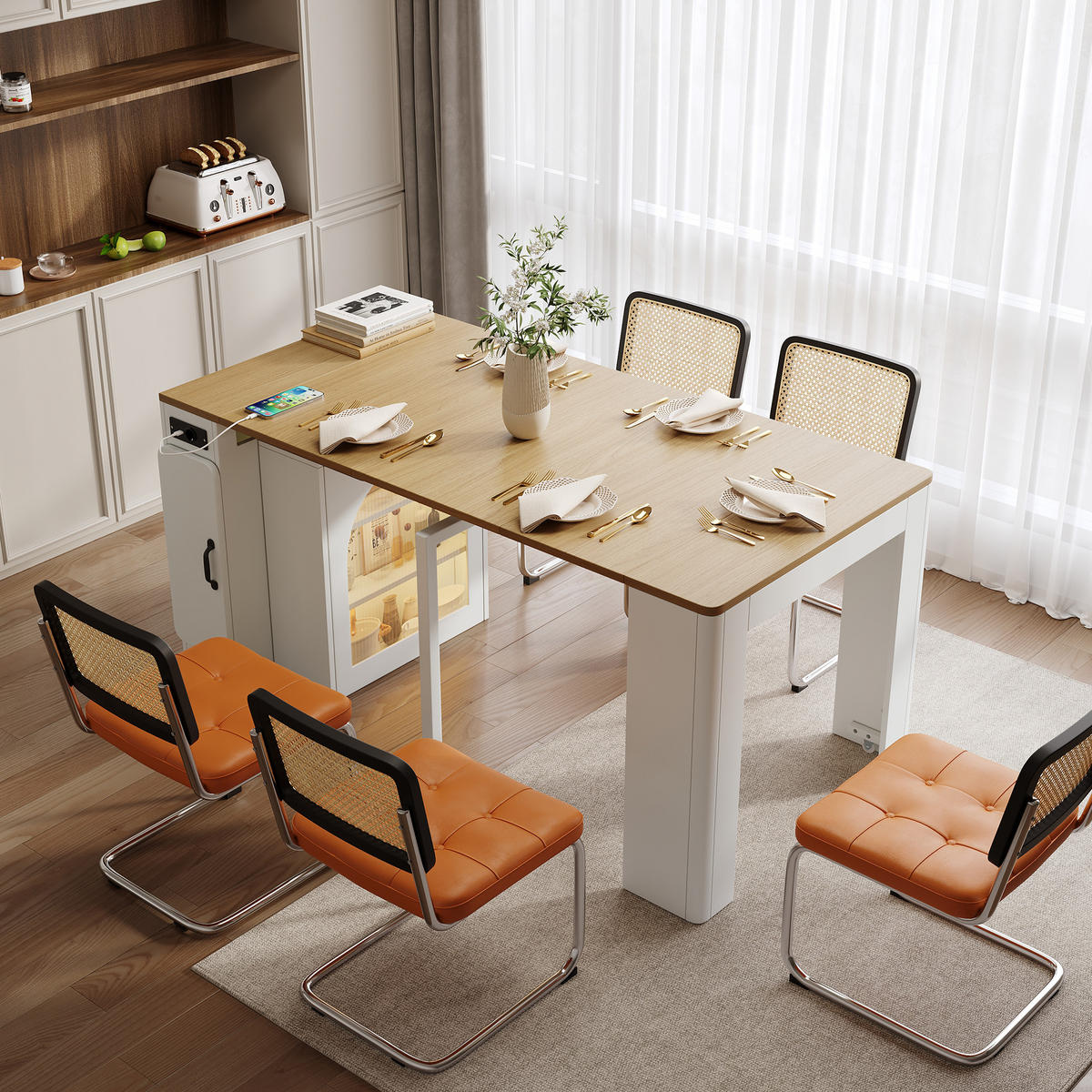 ESSTISCH 83×39,6–149,6×77 cm aus MDF & Glas mit LED & USB-Ladestation, weiß-natur - Weiß, Holzwerkstoff (149.6/83/77cm) - Luhomfu