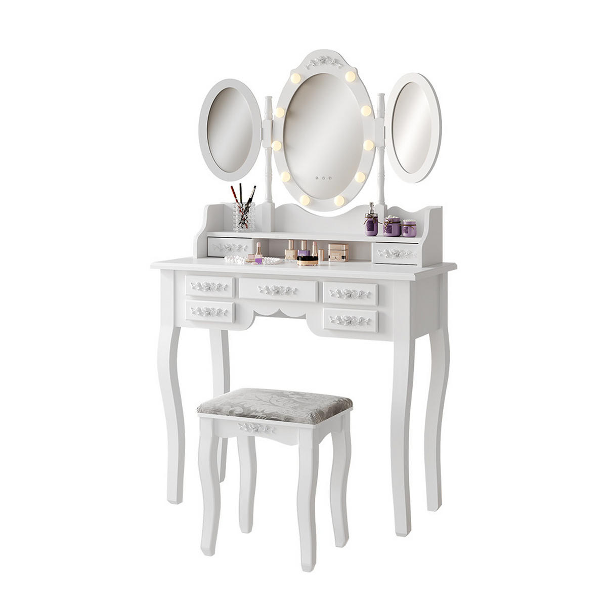 SCHMINKTISCH Diana Weiß 90 cm mit Beleuchtung und Hocker - Weiß, Holzwerkstoff (90/147/40cm) - Vicco