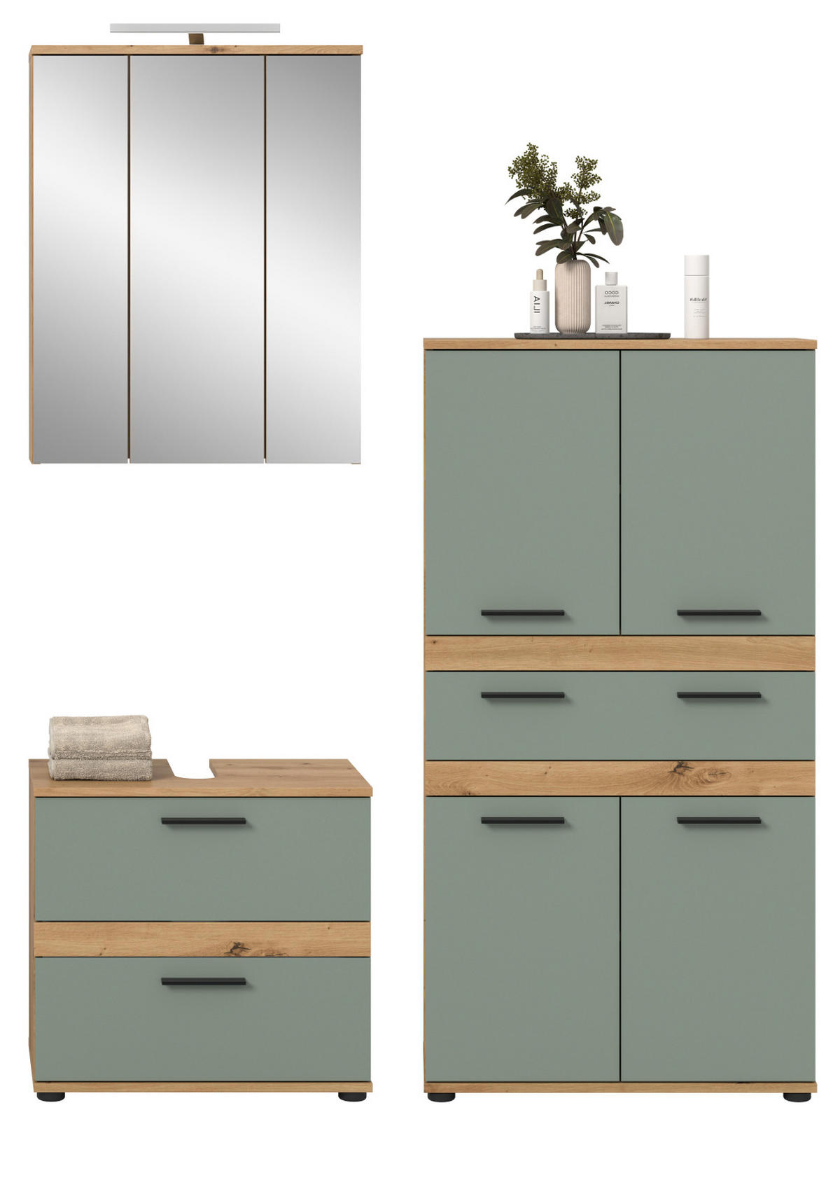 BADMÖBEL-SET 3-teilig Salbei grün, Artisan Eiche 147 cm, Badkombination inklusive LED Beleuchtung - Salbeigrün/Schwarz, Glas/Holzwerkstoff (147/191/34cm) - Inn.Furn