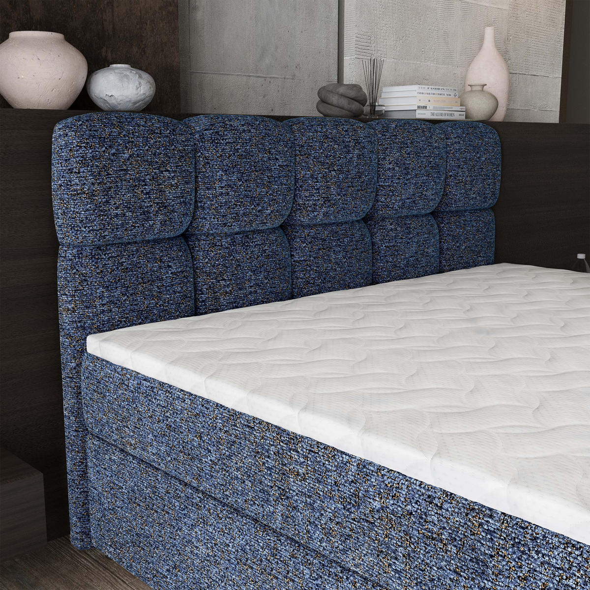 BOXBETT BRUME 140x200 cm mit Matratze und Topper, H2+H3 - Blau - Blau, Holz (140/200cm) - MASSENO