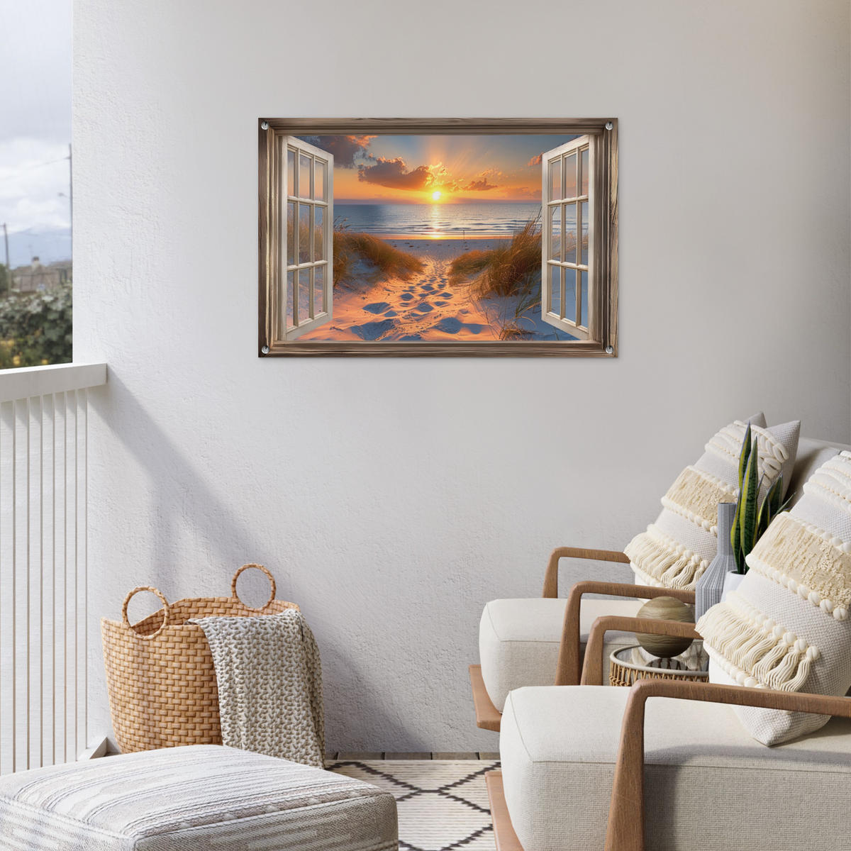 GARTENPOSTER Durchblick - Strand - Dünen - Sonnenuntergang 90x60 cm - Orange, Kunststoff (90/60/0.2cm) - OnlyWow
