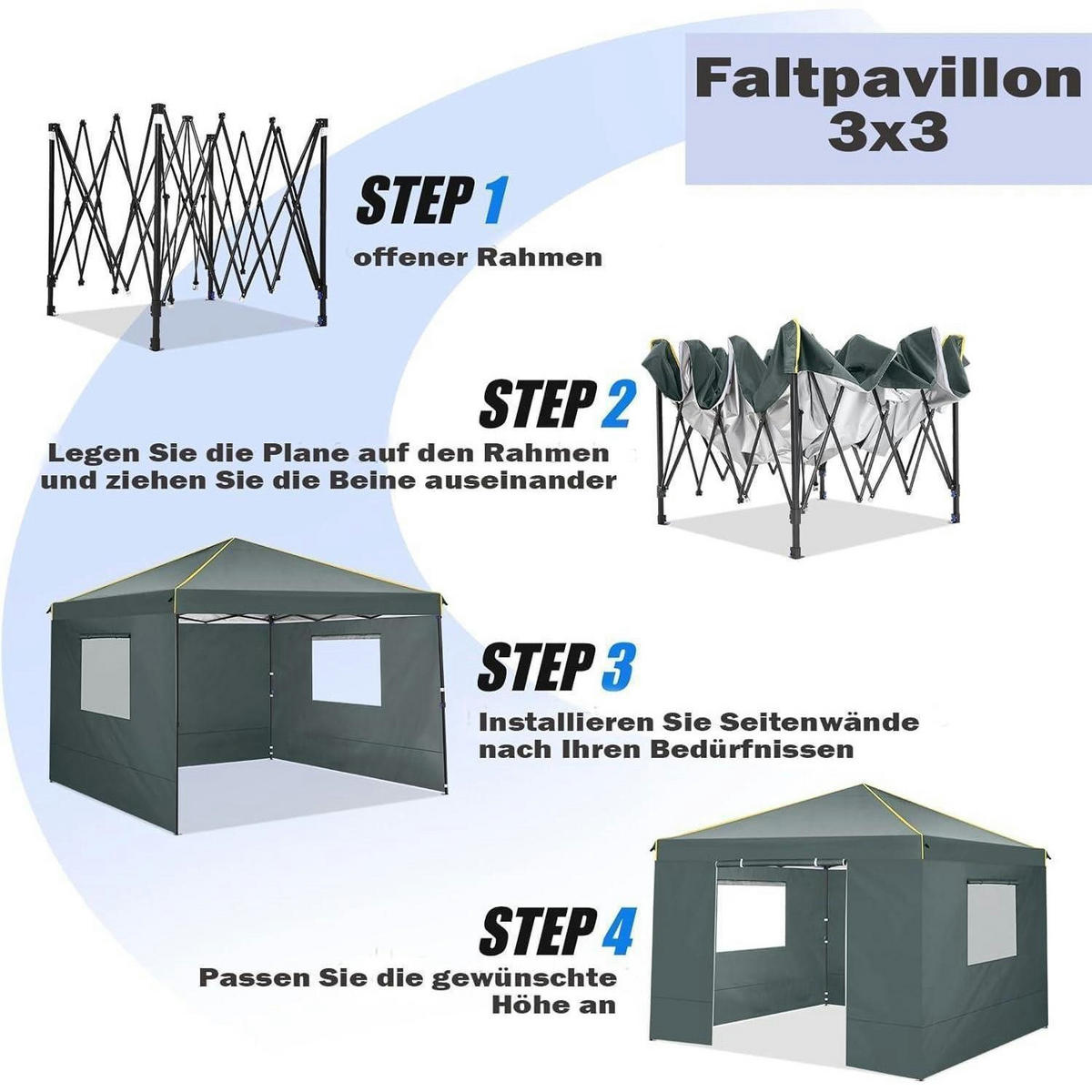 GARTENPAVILLON 3x3m Grau mit 4 Seitenteilen und UV-Schutz - Grau, Textil (300/320/300cm)