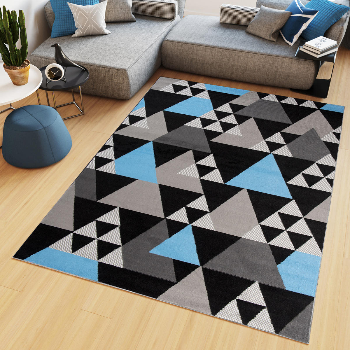 TEPPICH MAYA Blau Dreiecke Meliert 140/200 cm - Blau, Textil (140/200cm) - Tapiso