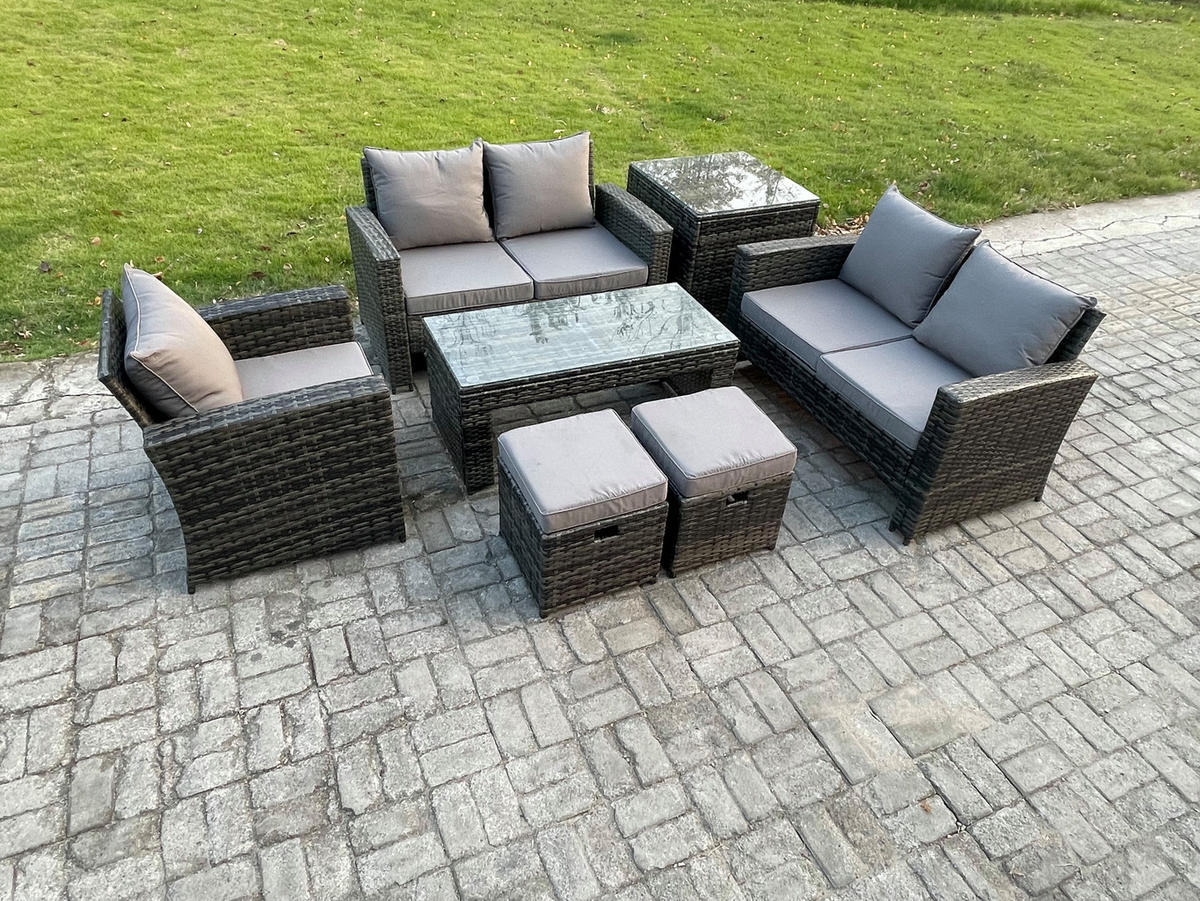 GARTENGARNITUR Polyrattan Dunkelgrau 8-Sitzer - Dunkelgrau, Metall - Fimous