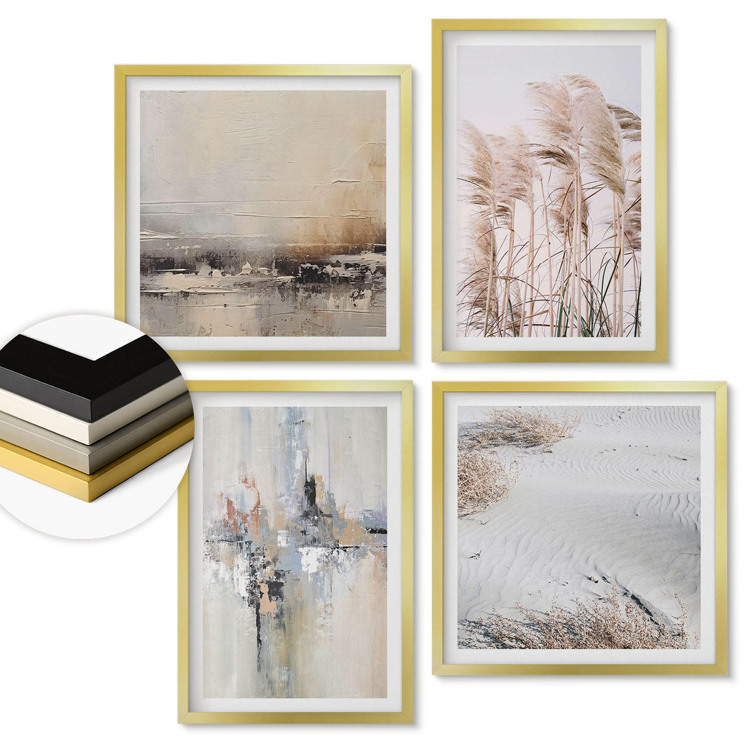 WANDBILDER 4er Set - 50x50 cm & 40x60 cm Goldrahmen - Abstrakte Vegetationsmuster - Goldfarben, Kunststoff (50/50cm) - ArtPrintCave