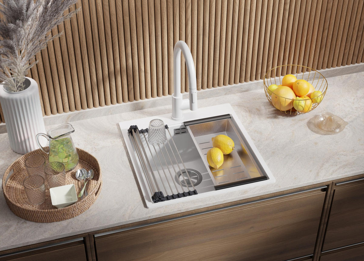 GRANITSPÜLE Oslo, 2-er set Alles Weiß 48/50 cm 1 Becken + Küchenarmatur 40/20 cm + Ablauf-Set + Schneidebrett ab 50er Unterschrank - Beige/Weiß, Kunststoff (48/20/50cm) - Primagran