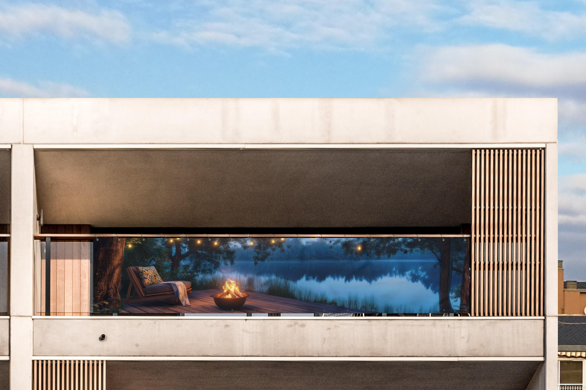 BALKON-SICHTSCHUTZ Lagerfeuer - See - Abendlicht - Dunkelblau, Kunststoff (500/100cm) - MuchoWow