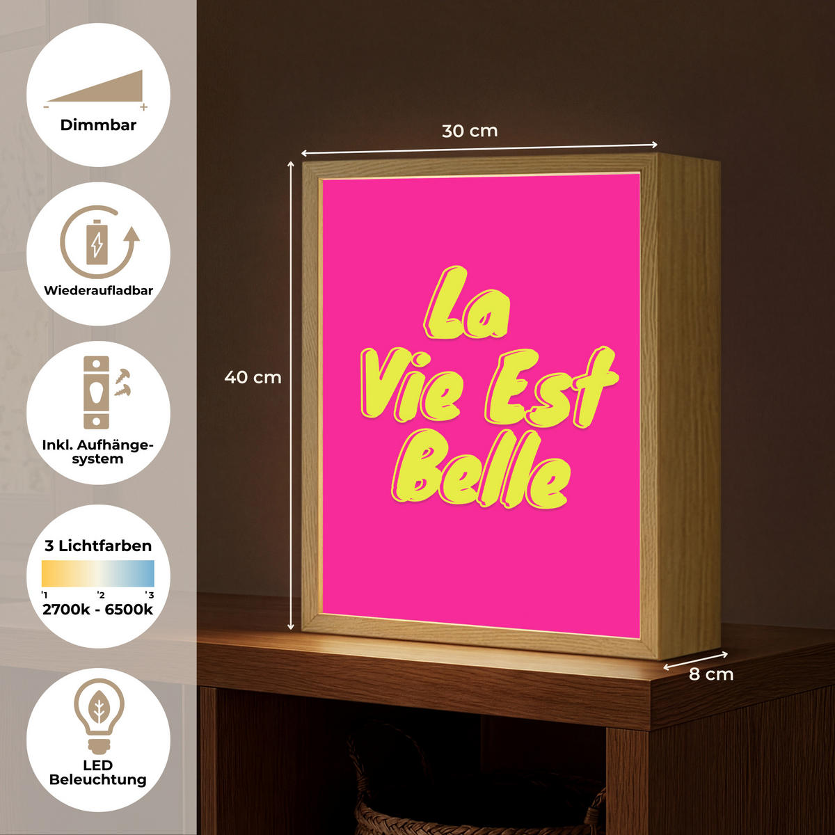 NÁSTĚNNÁ LAMPA S AKUMULÁTOREM Citace - Retro - Pink 30x40 cm - růžová, kompozitní dřevo (30/40/8cm) - OnlyWow