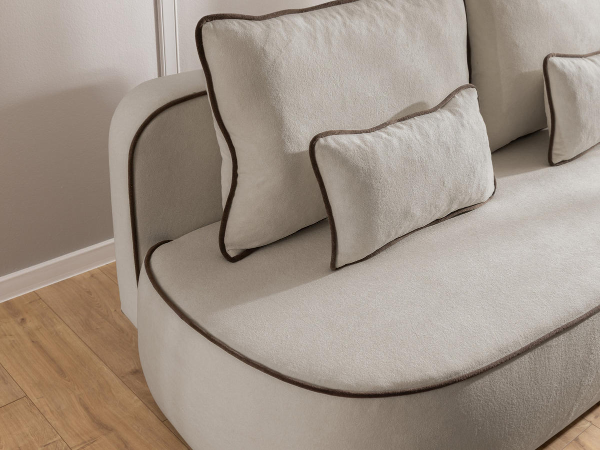 KINDERSOFA Vero im modernen und abgerundeten Design mit Schlaffunktion und Bettkasten aus Taupe Plüschstoff mit brauner Paspel - Taupe/Schwarz, Holz/Kunststoff (210/90/98cm) - S-Style Möbel