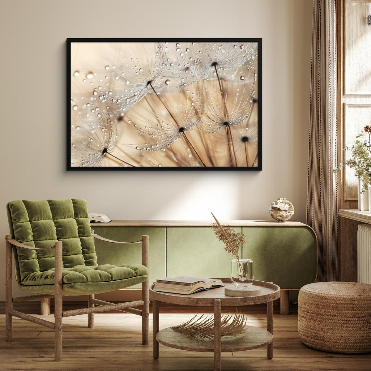POSTER MIT RAHMEN Löwenzahn - Abstrakt - Natur - Beige 120x80 cm - Braun, Papier (120/80cm) - MuchoWow