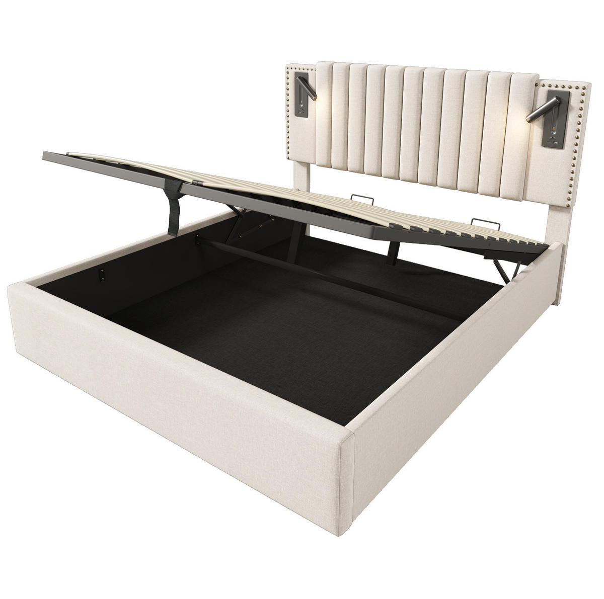 POLSTERBETT mit Bettkasten 180x200 cm Beige mit USB und Leselicht - Beige, Metall (180/200cm) - Meubliv