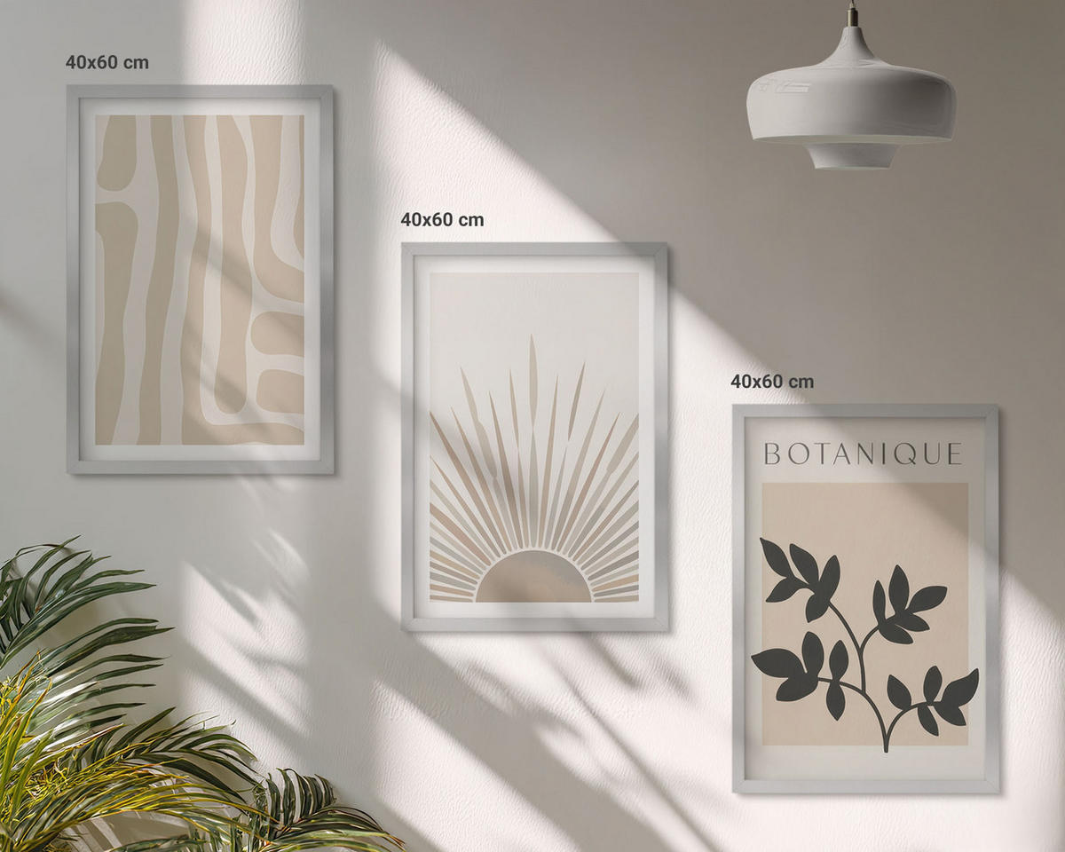 BILDER SET 3er Set - 40x60 cm Silberner Rahmen - Abstrakte Pflanzenmuster - Silberfarben, Kunststoff (40/60cm) - TULUP