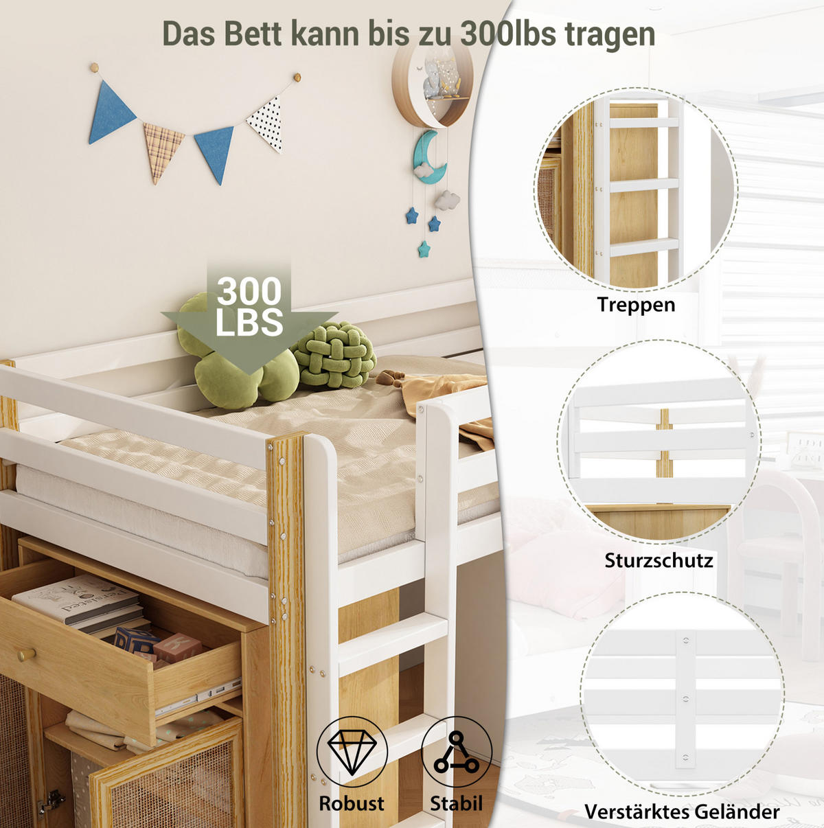 KINDERHOCHBETT mit 2 Aufbewahrungsschränken, 90/200 cm, Natur/Weiß, ohne Matratze - Weiß, Holz (90/200cm) - MIVRAY