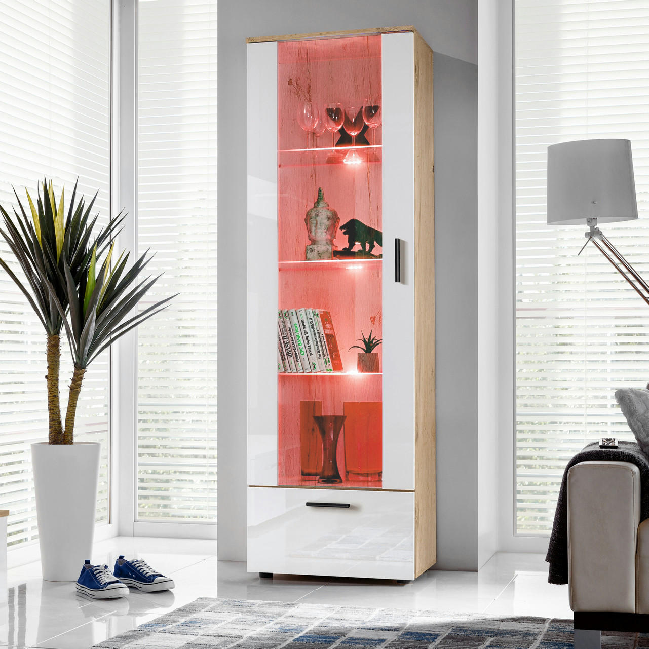 VITRINE ALESSANDRIA, Weiss, LED Mehrfarbige - Eiche Wotan/Schwarz, Glas/Holzwerkstoff (60/192/42cm) - Komodee