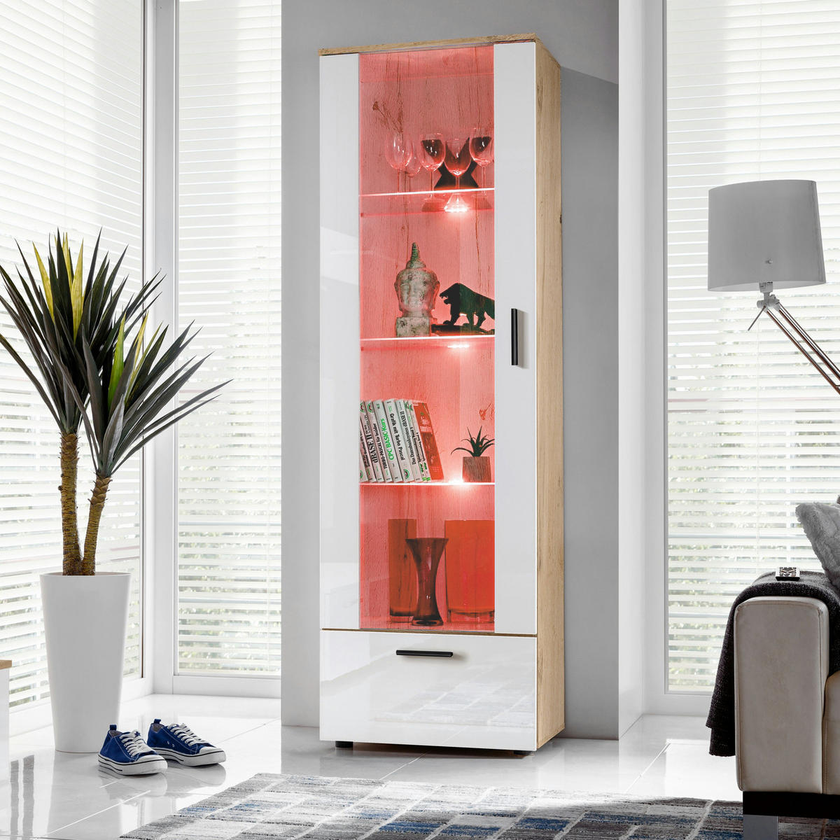 VITRINE ALESSANDRIA, Weiss, LED Mehrfarbige - Eiche Wotan/Schwarz, Glas/Holzwerkstoff (60/192/42cm) - Komodee