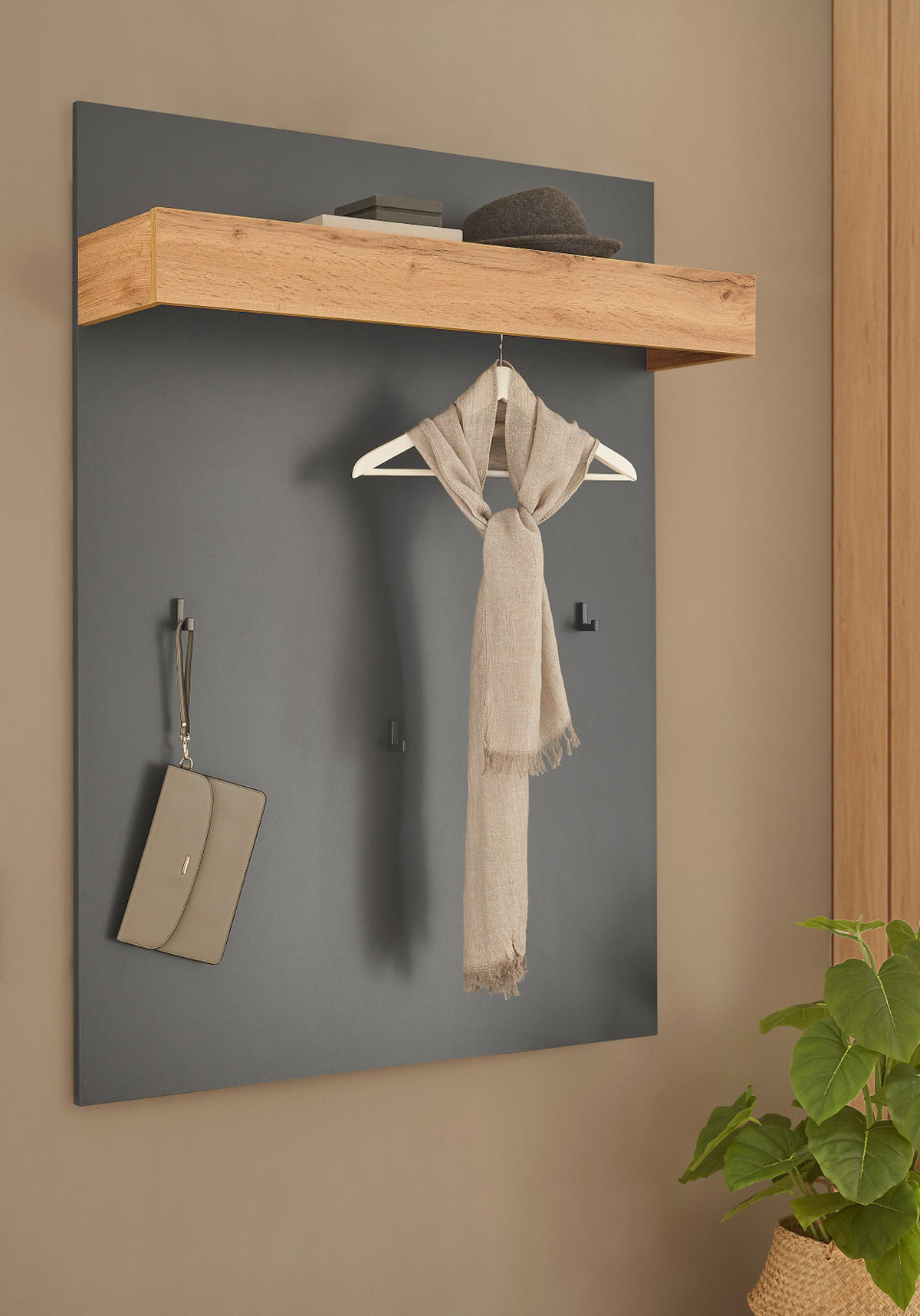 GARDEROBENPANEEL grau matt, Eiche Wotan 100 cm, Wandgarderobe mit Kleiderstange - Eiche Wotan/Grau, Holzwerkstoff/Metall (100/135/25cm) - Furn.Design