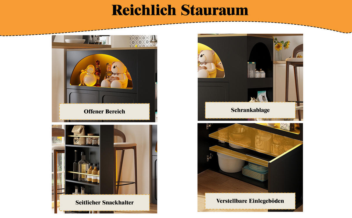 BARTISCH 135-205/39/100 cm in Schwarz mit Stauraum, Rollen und LED - Schwarz, Holzwerkstoff (135/39/100cm) - BEAOK