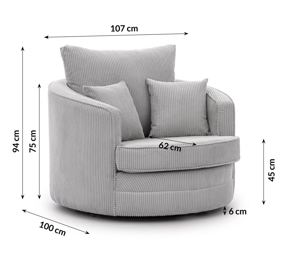 DREHSESSEL Ted aus Hellgrau Cord-Stoff - Hellgrau/Schwarz, Holz/Textil (107/94/100cm) - S-Style Möbel