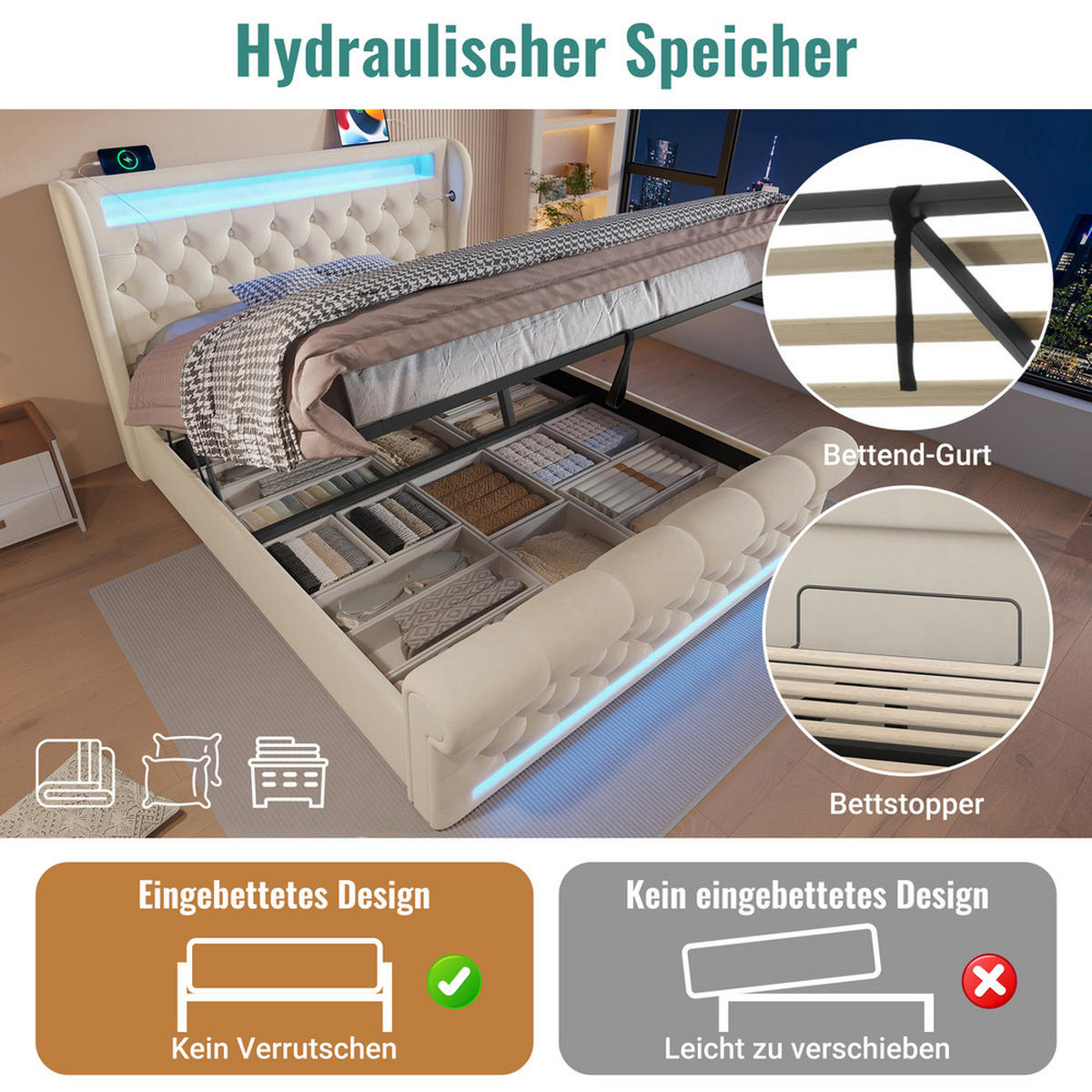 POLSTER DOPPELBETT 160x200cm mit LED USB-C & Hydraulik Stauraum Beige - Beige, Holz (160/200cm) - FLIEKS
