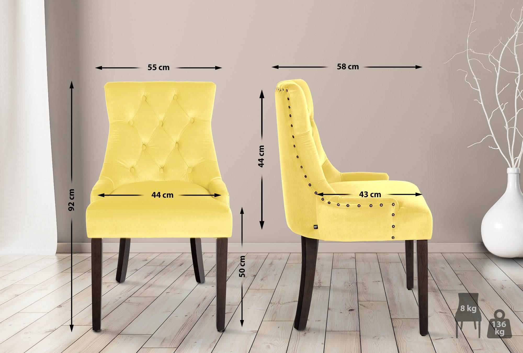 STUHL Samt gelb - Gelb, Holz/Textil (55/92/58cm) - CLP