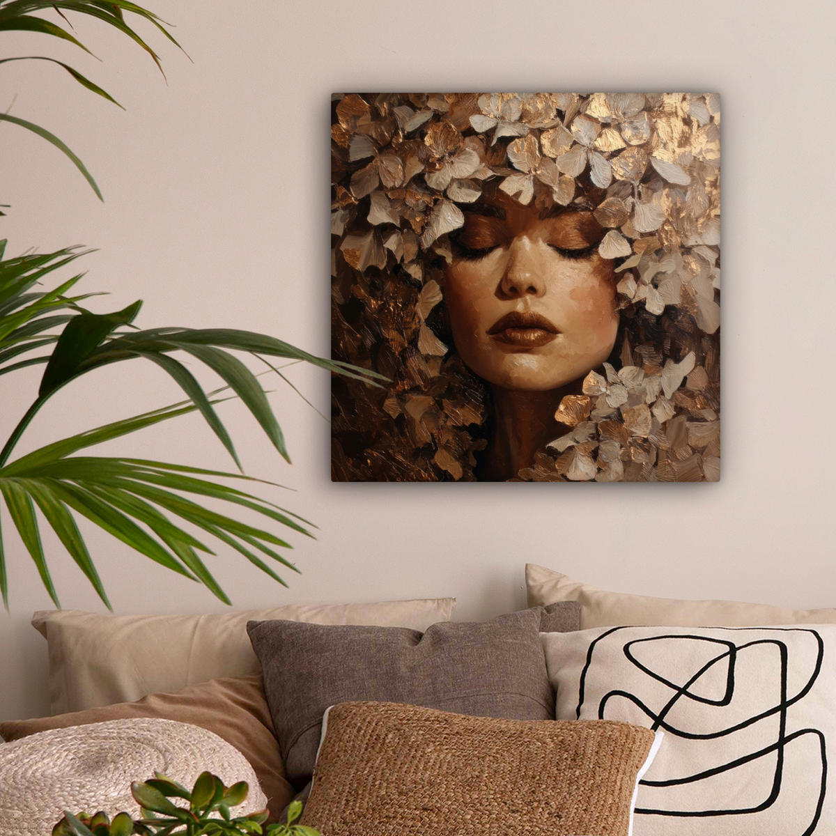 LEINWANDBILD Gesicht - Dame - Blätter - Pinselstriche Wandbild Wohnzimmer 50x50 cm - Goldfarben, Textil (50/50cm) - MuchoWow