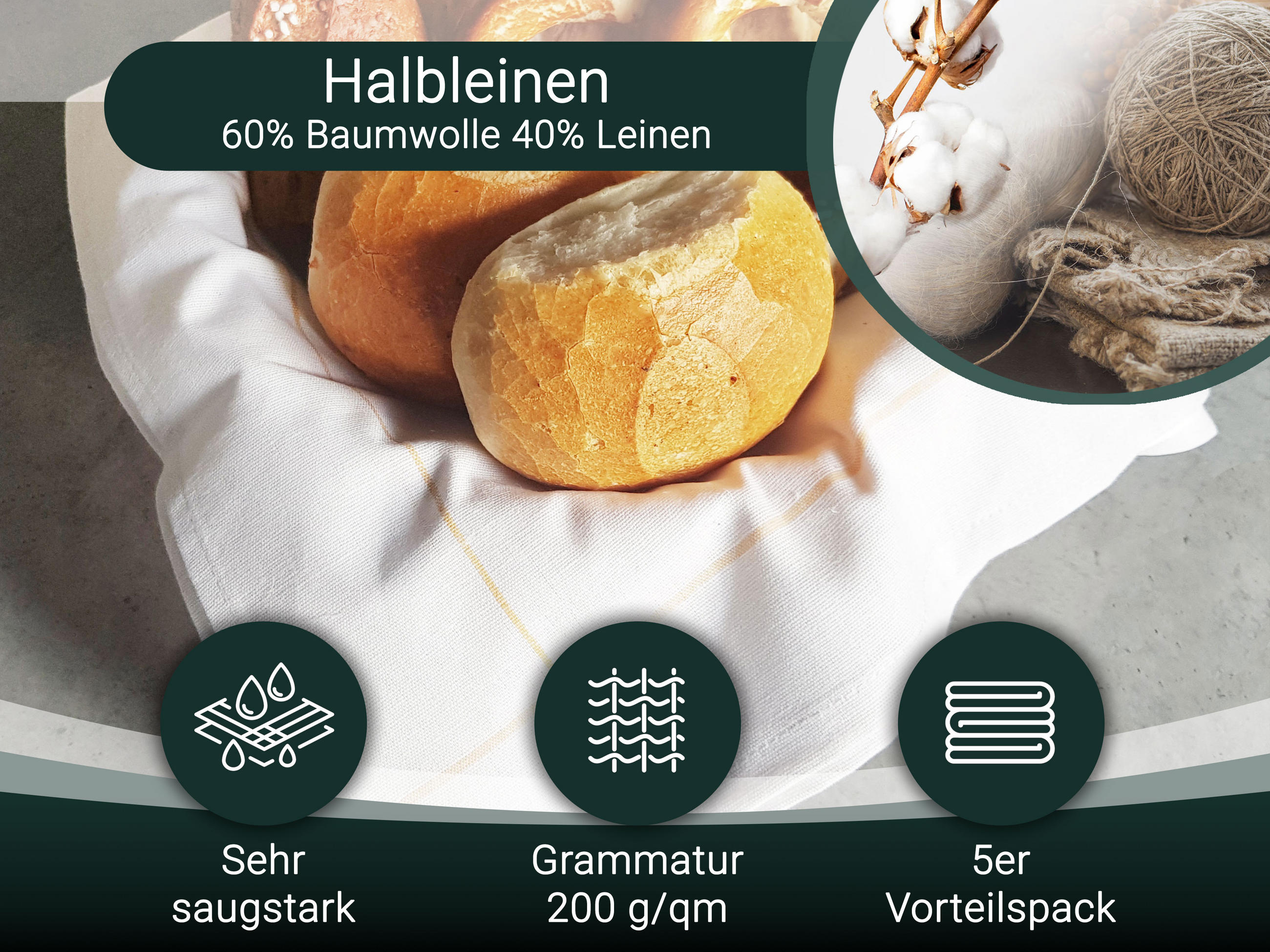 GESCHIRRTÜCHER, 5er-Set, 45x65 cm, 60% Baumwolle, 40% Leinen, Weiß - Weiß, Textil (45/65cm) - Zollner
